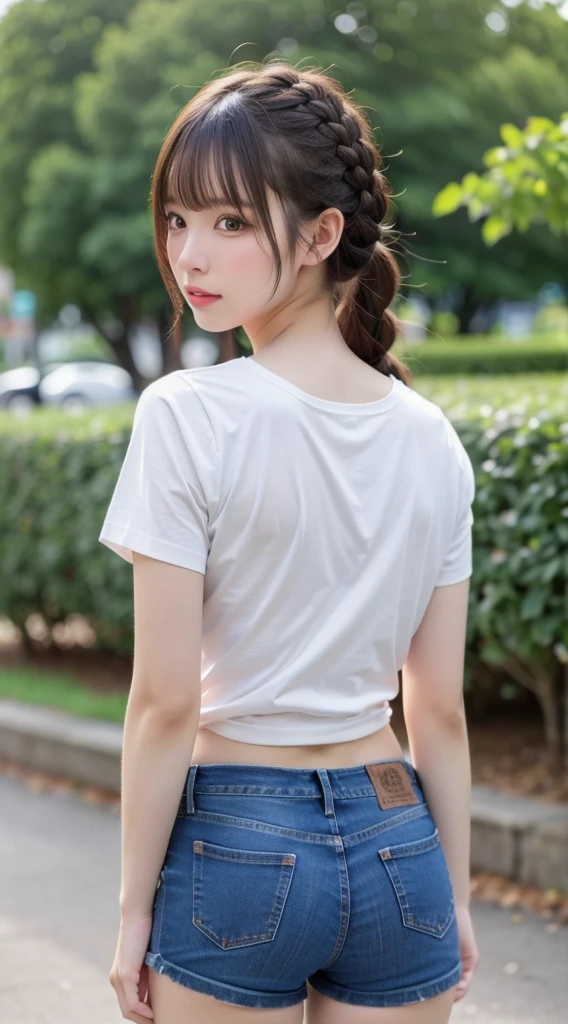 NSFW, 8k RAW photo, Best Quality, ((masutepiece)), 超A high resolution, Film grain, filmg,( 20yr old, Slender face, 1girl in, slanted eye, eyesight, long eyelashes, Eye Highlights), Looking at Viewer, Natural Skin Texture, A perfectly proportioned face, realistic eyes and face details, Full lips, lip stick, (makeup), Red eyeshadow, Perm Hair, Fluffy short hair, hair messy, Smile, closes mouth, Beautiful legs, Tall lady, skinny, slim_Legs, Solo, huge-breasted, cleavage, Ultra short skirt, Ass, Shirt, (Urban Location), (Detailed background), ((Short Leg White T-Shirt,Navel Ejection,Denim pants)), huge-breasted, cleavage, Show a little cleavage through the shirt, lowfers, Blurry background, Blurry, Short sleeves, Brown hair, Bangs, a necklace, Parted lips, Lips, From Side, depth of fields