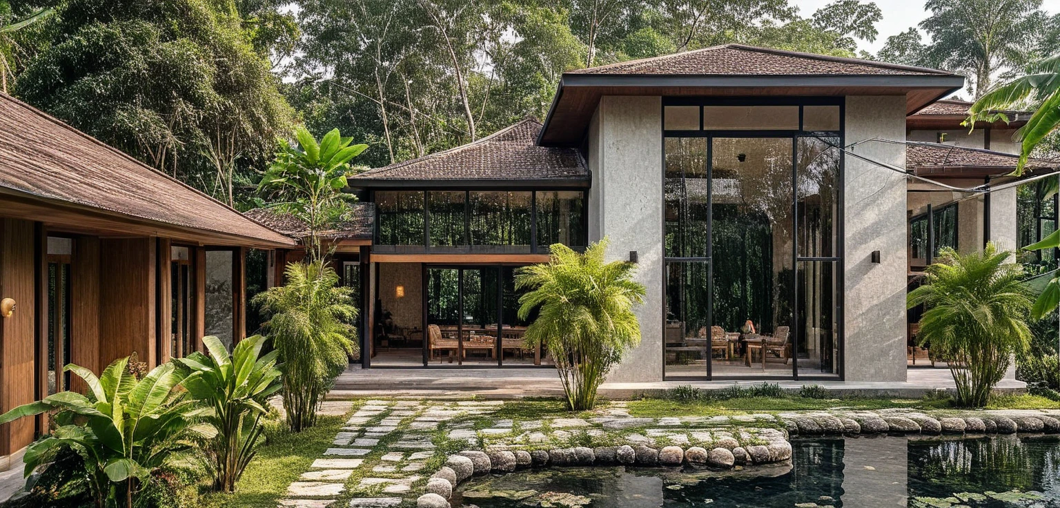 A resort with modern architectural style, the blocks are built with brown walls and Japanese-style black tiled roofs, bringing a closeness to nature. The building is surrounded by lush green landscape, creating a feeling of tranquility and relaxation. In front is a large grass yard, suitable for outdoor activities. Wide windows to receive natural light, along with modern design details that are still in harmony with the surrounding natural scenery