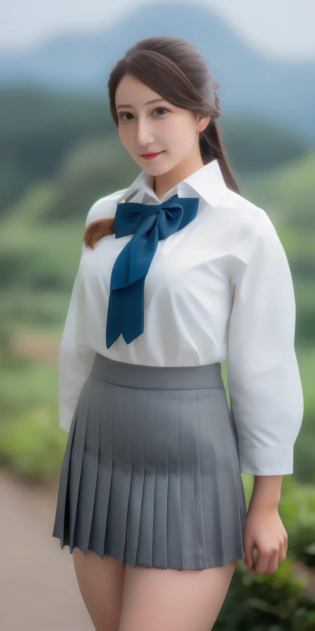 Above Orihime, Very huge_chest, standing, Alone, School_Uniform_white_shirt_red_Bowtie_gray_mini skirt, masterpiece, Best Quality, Detailed face, Detailed eyes, High resolution,