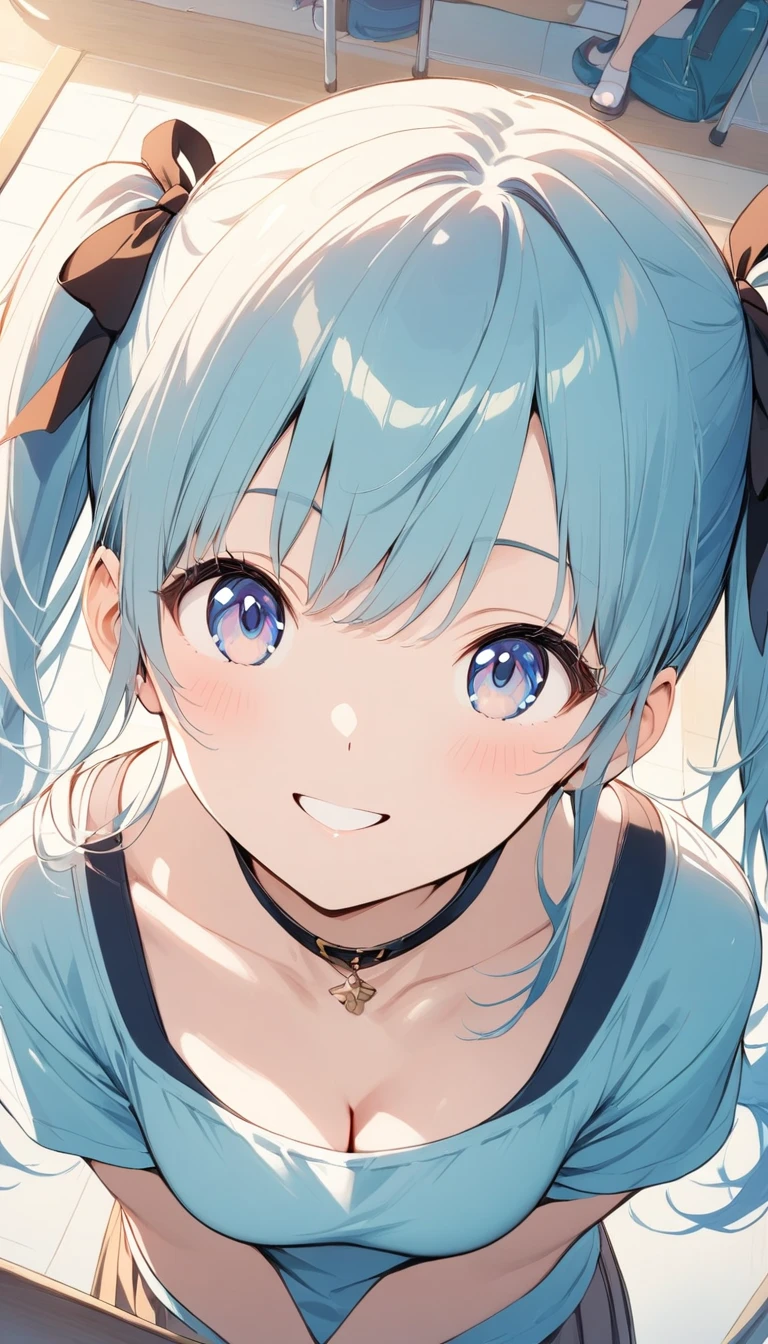 masterpiece, best quality, extremely detailed, (illustration, official art:1.1), 1 girl ,(((( light blue long hair)))), ,(((( light blue long hair)))),light blue hair, , long hair ((blush)) , cute face, big eyes, masterpiece, best quality,(((((a very delicate and beautiful girl))))),Amazing,beautiful detailed eyes,blunt bangs((((little delicate girl)))),tareme(true beautiful:1.2), sense of depth,dynamic angle,,,, affectionate smile, (true beautiful:1.2),,(tiny 1girl model:1.2),)(flat chest), 1girl, (masterpiece, best quality, ultra detailed, 4K:1.5), ultra-detailed background, 1 girl, 1 man, from above, focus upper body, (((headpat))), BREAK kleedef, kleernd, cute face, smile, very happy, sitting, studying at a desk, BREAK in the library, {Illustration}, {{Very delicate and beautiful}}, Classroom (school desk), (textbook, notebook, mechanical pencil, Pencil case) 1 girl (small build, short limbs, , in front of desk), round face,textbook、(((Concept_Headpat)))