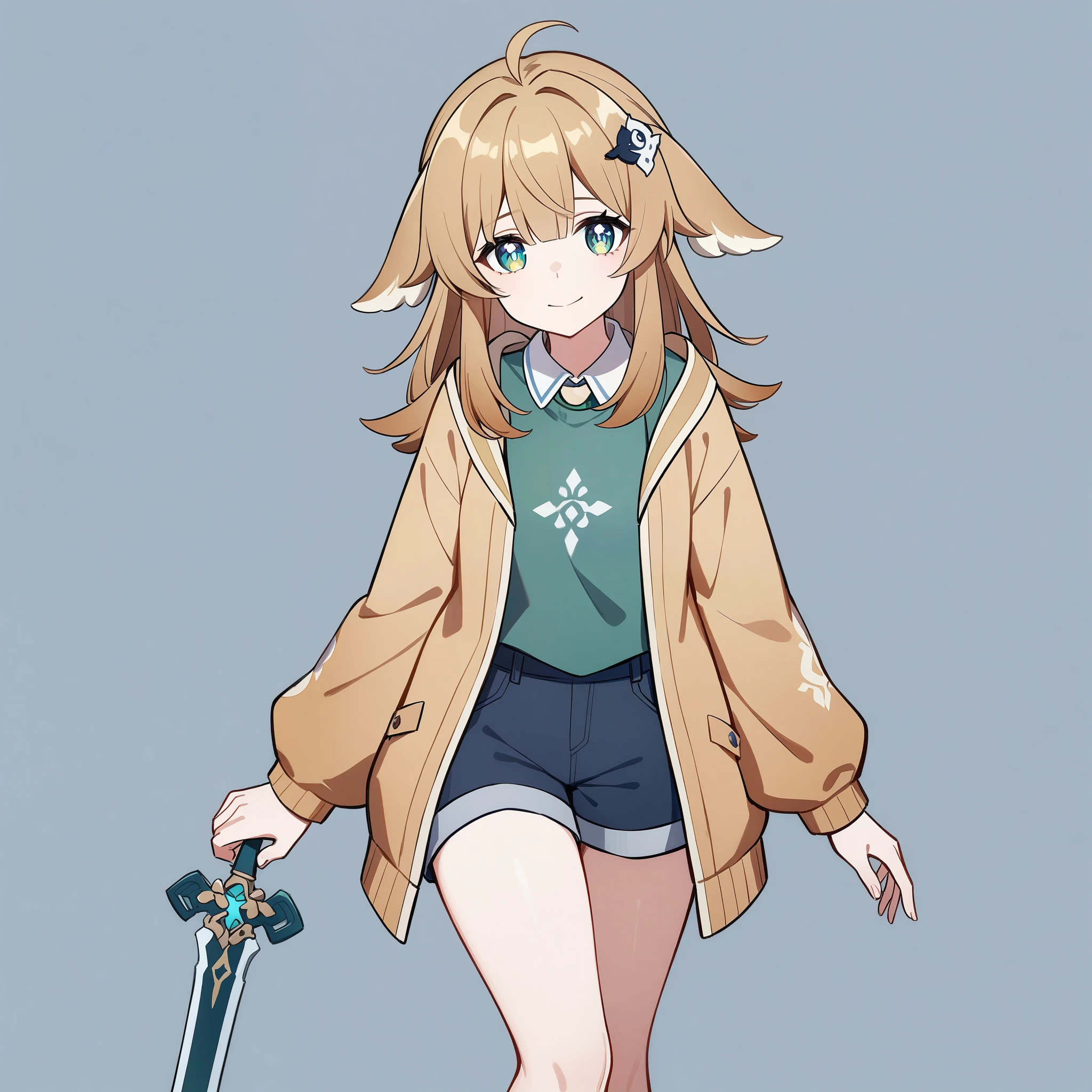 (high-quality, breathtaking),(expressive eyes, perfect face) 1girl, female, solo, Sword Art Online, Alicization, Symmetrical Eyes, simple background, gentle smile, medium hair, fluffy hair, modern outfit, SAO inspired, HuoHuo, huohuo\(honkai star rail\), dark blue green tank top, gradient cardigan, cowboy shot, medium full shot, bangs, hair ornament, thigh socks, shorts, black brown hair