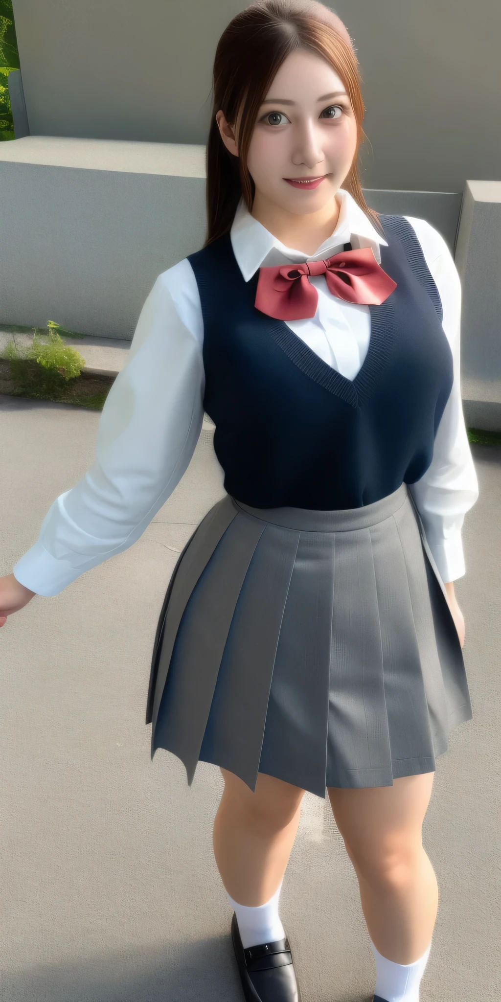 Above Orihime, Very huge_chest, standing, Alone, School_Uniform_white_shirt_red_Bowtie_gray_mini skirt, masterpiece, Best Quality, Detailed face, Detailed eyes, High resolution,