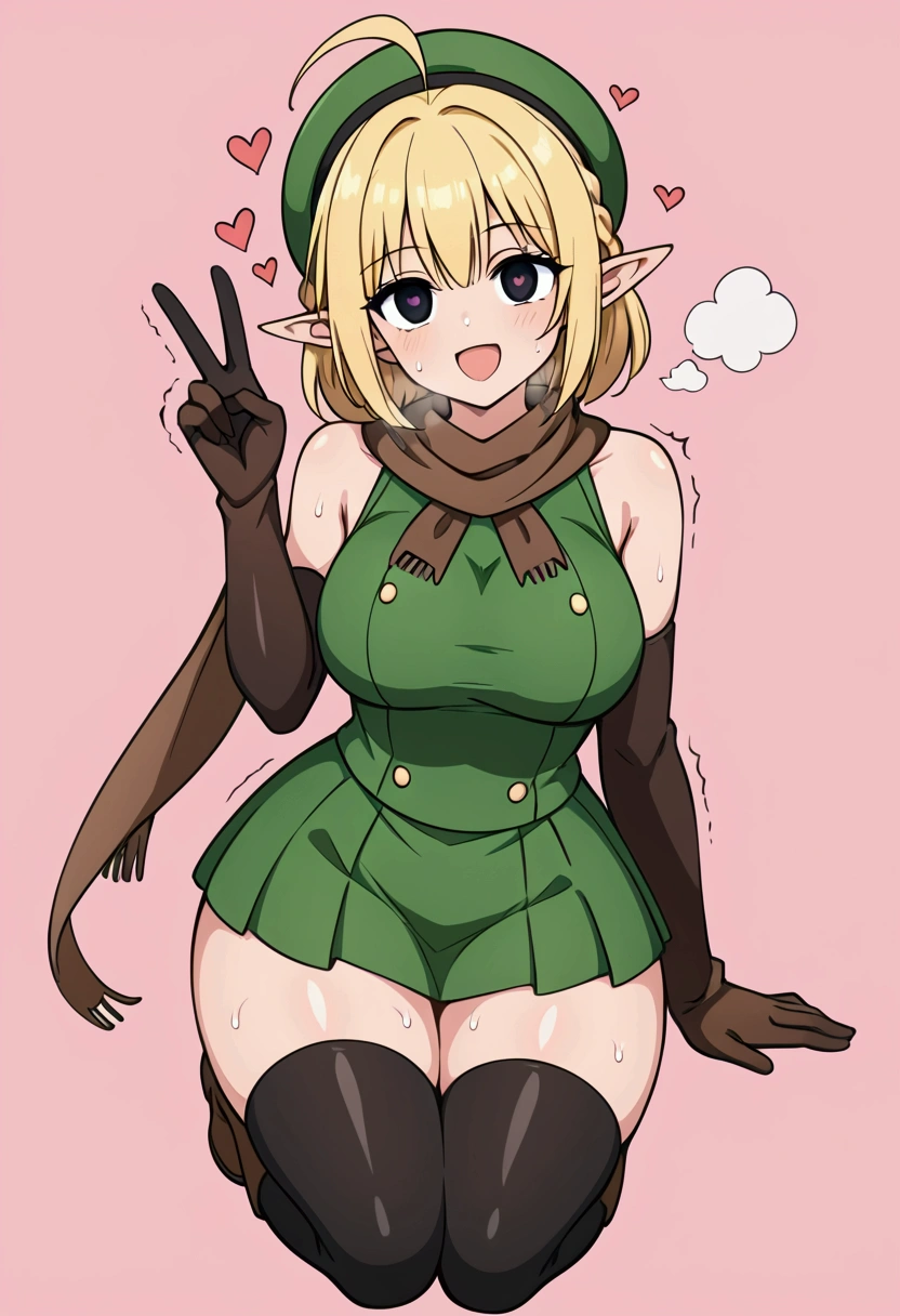 Parisian,1woman,elf,short hair,twin braids,Blonde,(slender),ahoge,empty eyes,black eyes、big breasts,tall,brown gloves,Black elbow gloves,(black thigh highs)、(small black beret)、Brown scarf、green crop top,sleeveless,green mini skirt,(brown knee boots),Thin thighs,NSFW,trembling,shaking, Heart Eyes,love,happy,steam,heavy breathing,sweaty body,netorare,looking at viewer,aroused、full body,peace sign