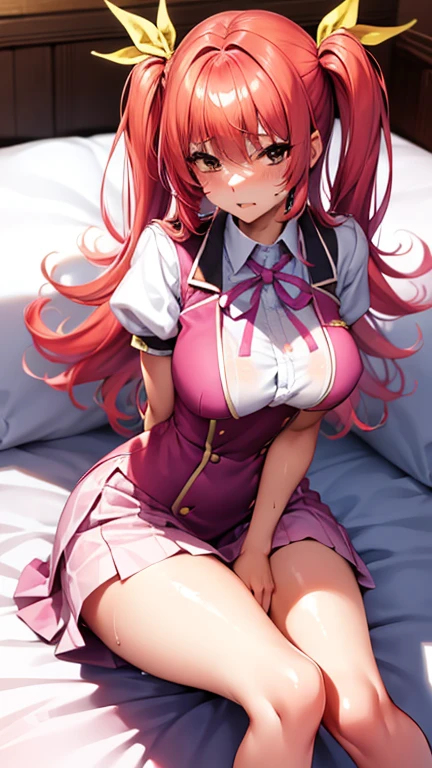 ,,Pink Red Hair,two side up,Huge breasts,Open your mouth,,,Yellow hair ribbon,Shiny body,Shiny skin,sweat,On the bed,School Uniform,Sitting