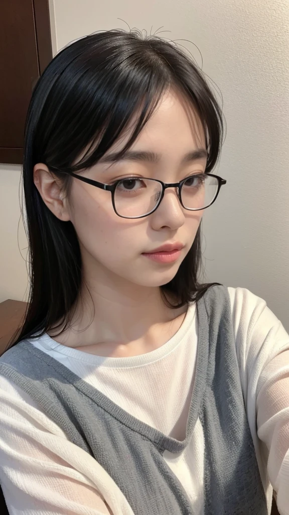 High resolution、masterpiece、Textured Skin、High image quality、超High resolution、Very detailed、woman、Look at,Plain, unkempt black hair、Age 35、Tired look、Rimless Glasses、songerie、