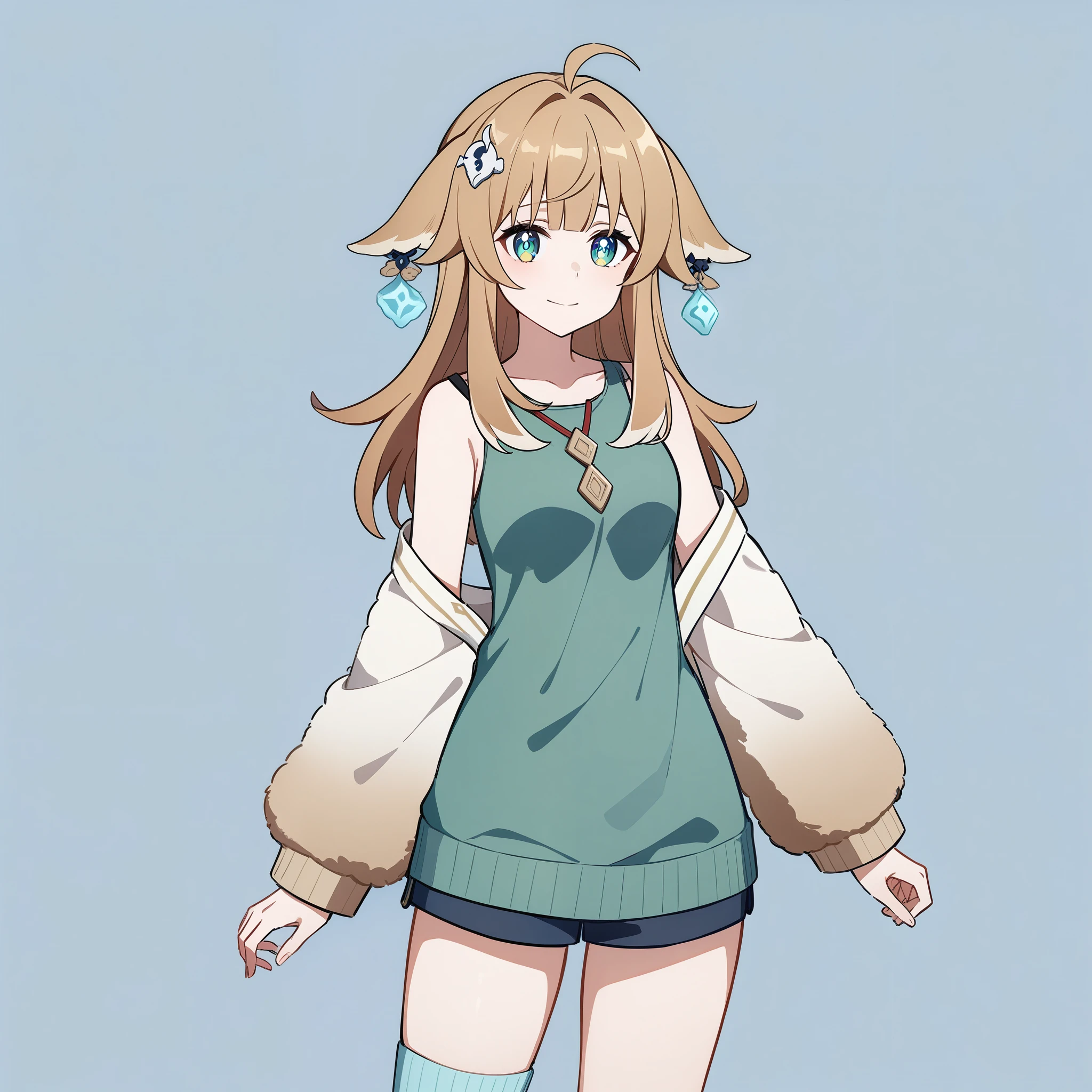 (high-quality, breathtaking),(expressive eyes, perfect face) 1girl, female, solo, Sword Art Online, Alicization, Symmetrical Eyes, simple background, gentle smile, medium hair, fluffy hair, modern outfit, HuoHuo, huohuo\(honkai star rail\), dark blue green tank top, gradient cardigan, cowboy shot, medium full shot, bangs, hair ornament, thigh socks, shorts, black brown hair, shy pose
