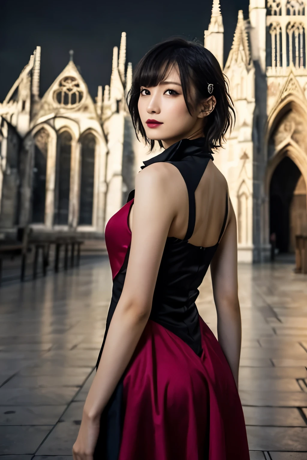 1 girl, (She is wearing a red dress:1.2), (Gothic Makeup), Portrait of a very cute Japanese symphonic metal singer, (RAW Photo Best Quality), (Realistic, Realistic:1.4), (masterpiece), 
that&#39;Very delicate and beautiful, Very detailed, 2k wallpaper, wonderful, finely, Very detailed CG Unity 8K wallpaper, Very detailed, High resolution, Soft light, 
Beautiful detailed girl, Very detailed目と顔, A beautiful and elegant nose, Beautiful beautiful eyes, Cinema Lighting, 
(She stands in front of a ruined Gothic cathedral..:1.3), (Night Sky), (Girl full body silhouette:1.2), (Dark screen:1.5), (I am so lonely), (Please show me your ass),
(short hair), (Messy Hair), 
Perfect Anatomy, Slender body, Small breasts