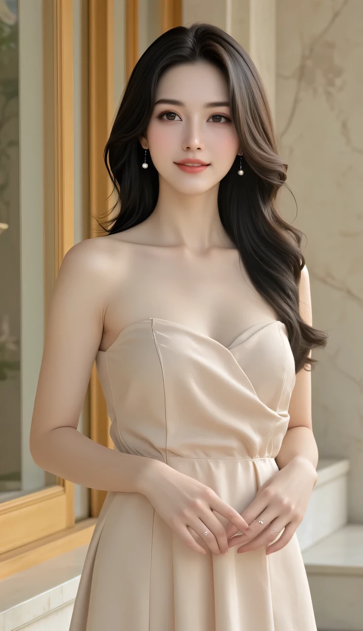 Portrait of an elegant and poised 27-year-old South Korean woman, with a warm smile and a radiant demeanor. Her hairstyle is sophisticated and grand, featuring soft curls that cascade down her shoulders, enhancing her natural beauty. She is adorned in a strapless dress that is both sensual and refined, perfectly accentuating hegure without being overtly revealing. The dress is likely to be in a neutral or pastel shade, allowing her accessories (if any) to add a subtle pop of color. She stands with a relaxed posture, her head slightly tilted, and her gaze directed towards the camera, exuding a serene confidence. The lighting is soft and even, casting a gentle glow on her face and highlighting her expressive eyes. The background is a blurred, muted palette that complements her attire, focusing all attention on her graceful presence. The image is captured with a high-resolution camera, using a shallow depth of field to blur the background and bring the viewer's gaze to the subject's face, with post-processing that enhances the natural tones and softens the image for a classic, timeless feel.