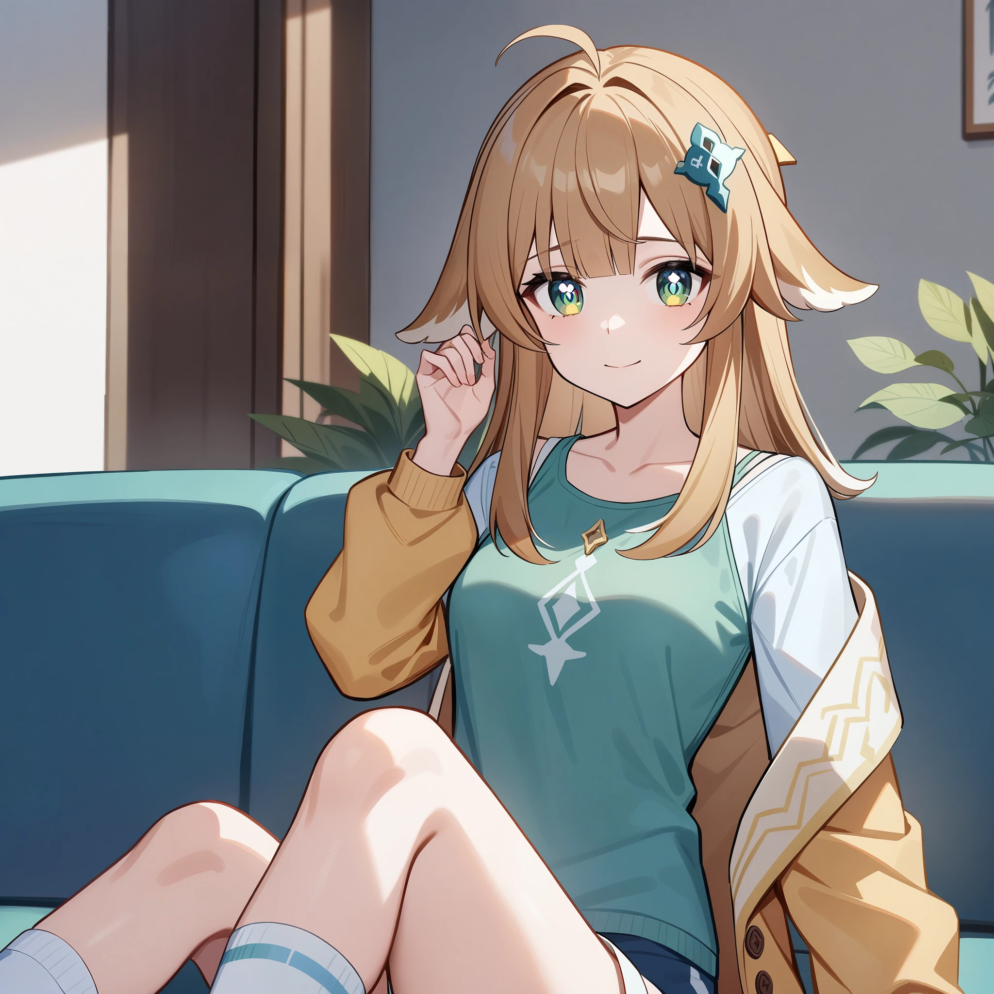 (high-quality, breathtaking),(expressive eyes, perfect face) 1girl, female, solo, Sword Art Online, Alicization, Symmetrical Eyes, simple background, gentle smile, medium hair, fluffy hair, modern outfit, SAO inspired, HuoHuo, huohuo\(honkai star rail\), dark blue green tank top, gradient cardigan, cowboy shot, medium full shot, bangs, hair ornament, thigh socks, shorts, black brown hair, modern living room background, sitting on couch