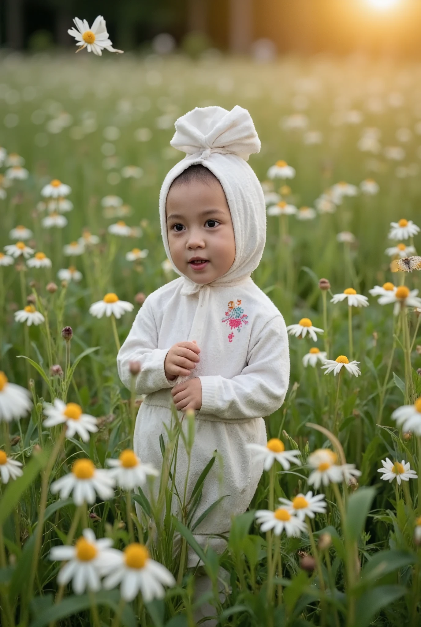 In a flower-filled meadow, a tiny pocong hops gently between the blooms, its shroud embroidered with daisies. Butterflies flutter around as it stops to admire the flowers, a soft glow surrounding its happy little face.