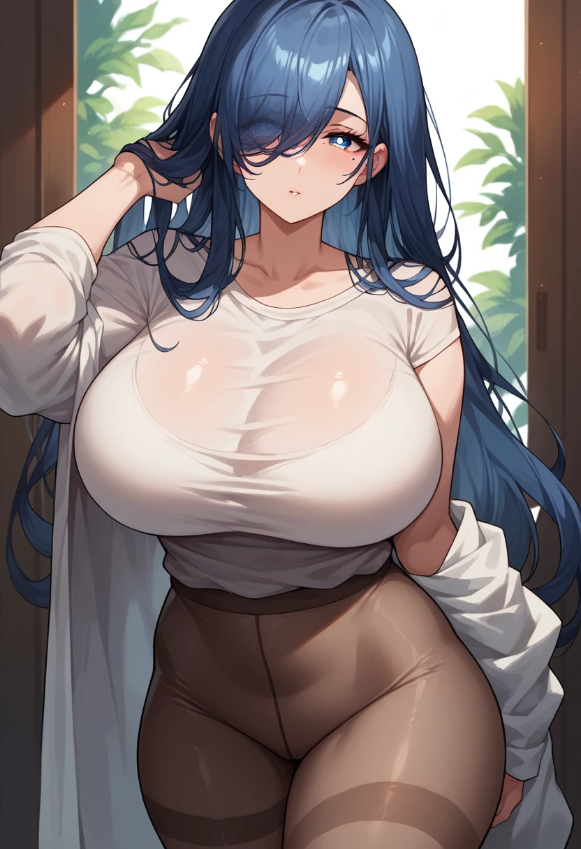 standing, mixed_artwork style, (detailed eyes), (Mature woman), beautiful woman, huge breasts, black long hair, large bangs, bangs over eye, (casual social clothes, loose shirt, Pantyhose), blue eyes, lovely face, mole under eye, huge body