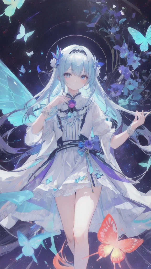 ((masterpiece)), ((best quality)) ((high quality)), (beautiful), extremely detailed game CG, high resolution, high quality, best quality, stylized illustrations, shiny, perfect anatomy, almost naked, ((solo, 1girl)), (cute), smile, extremely detailed and beautiful face, extremely detailed and beautiful eyes, purple hair, long twintails hair, floral ornate dress, fantasy scenery, (luminescent grass:1.5, white leaves:1.5), forest, white glow in the forest: 1.5, (bioluminescent forest: 1.4. bioluminescent environment: 1.4), florescent trees, florescent environment, ((glowing trees, glowing grass)), (((bioluminescence: 1.5))), (((glowing particles: 1.5, white light particles:1.5,))), white glowing butterflies,((night: 1.5)),