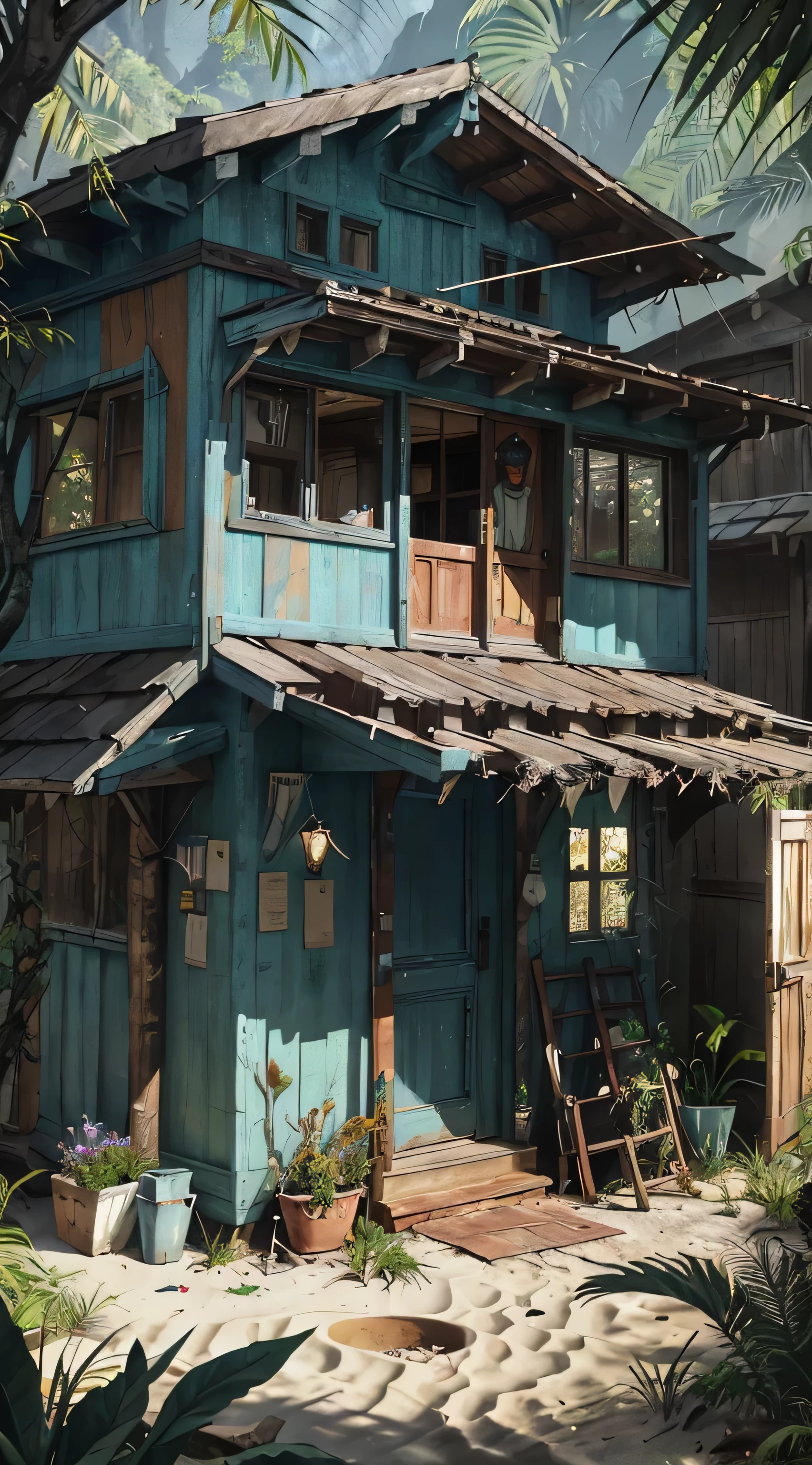 there is a small house on the beach with a metal roof, wooden house, an abandoned, in a war - torn desert village, historical image, joseph todorovitch, old house, wooden cottage, karolina cummings, taken in the early 2020s, absolutely outstanding image, wooden houses, inspired by Dorothea Lange, 1 9 4 2, grin face, young, (Masterpiece), ((Blue skin)), (best detail), digital art, (best qualtiy), Cinematic texture, ((Avatar style)), beautiful pupil, The background is jungle, the rainforest, big leafs