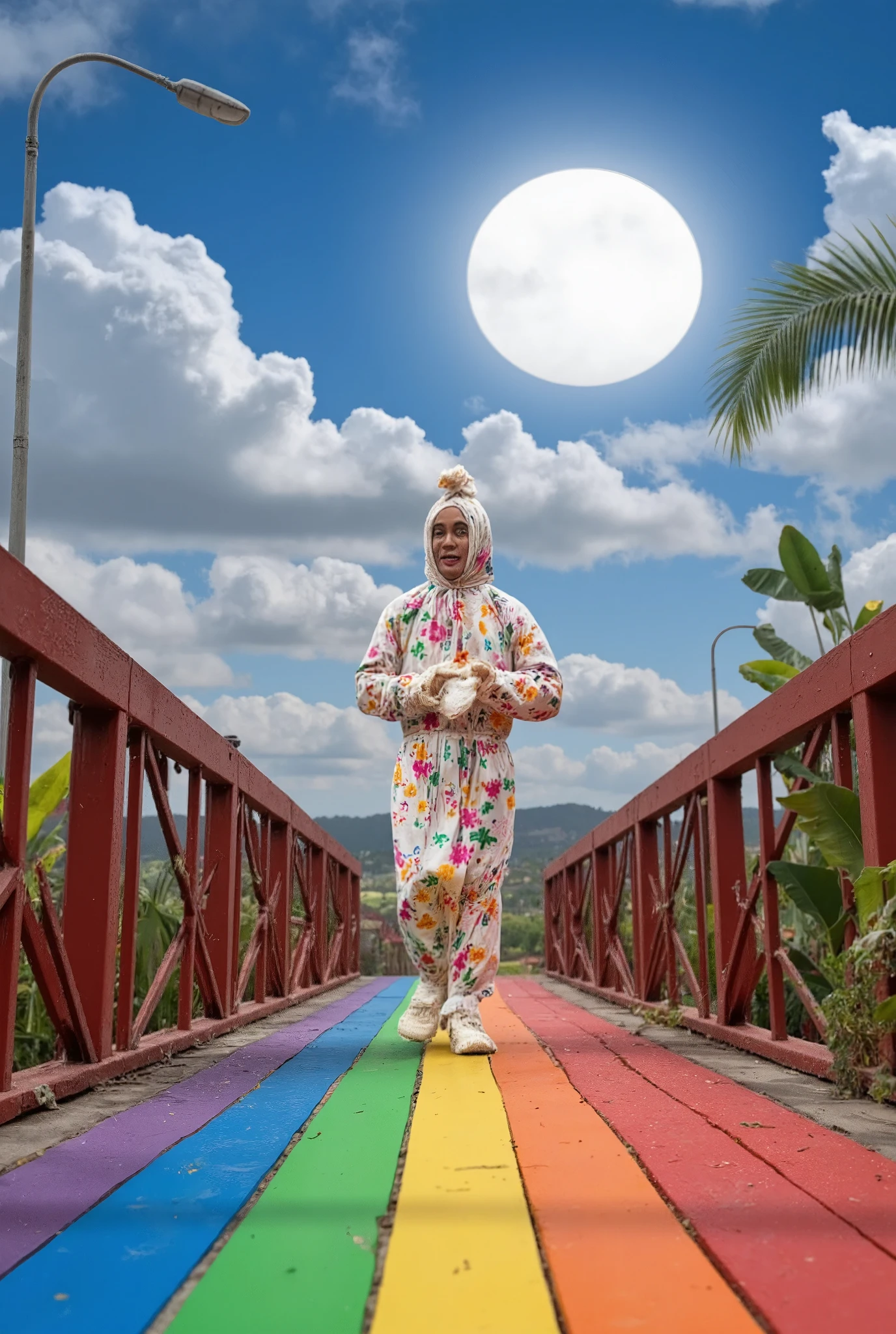 On a rainbow-colored bridge, the pocong hops merrily across, the sun shining down on its brightly patterned shroud. Its laughter echoes in the air as it dances with the wind, spreading joy wherever it goes.