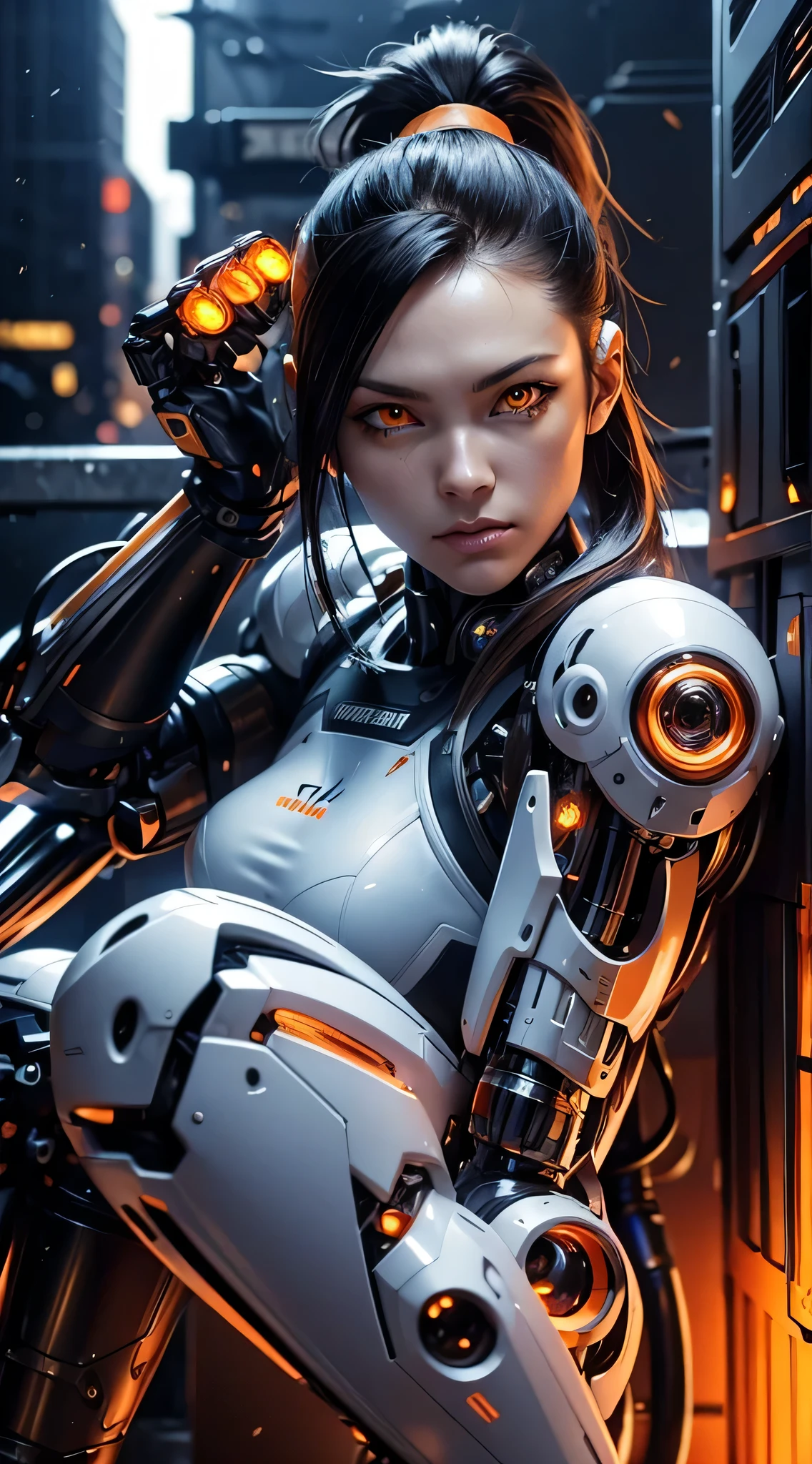 cyberpunk, female cyborg, Special ability, uniform, Mechanical Enhancement, Beleza, black hair, Japan, knee up, beautiful face, Fine body, ponytail, mechanical eyes, ((orange eyes: 1.2)), bright eyes, Prosthetic Arms, prosthetic legs