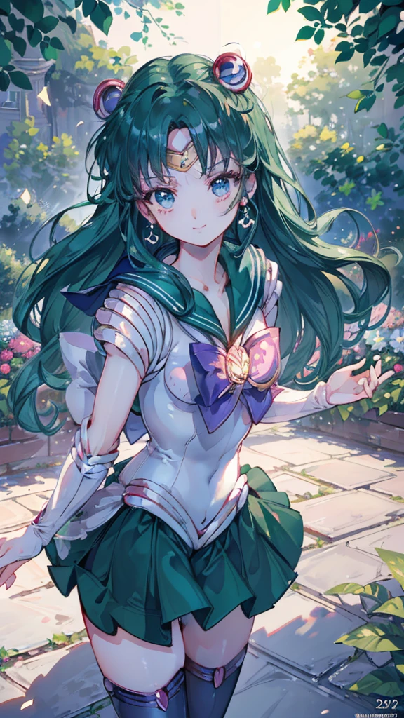 (Highly Detailed CG Unity 8K Wallpaper, masterpiece, highest quality), (Exquisite lighting and shadows, A very dramatic picture, Cinema Lens Effects), (Sailor Moon: 1.4), Delicate facial features, Cute Smile, Star Eyes, ((Dark green hair)), Tight Top, White gloves, mini skirt, Dynamic pose, lying in the garden), (Blooming garden background) (Amazing details, Excellent lighting, Wide-angle), (Excellent rendering, I&#39;m so proud of my species),