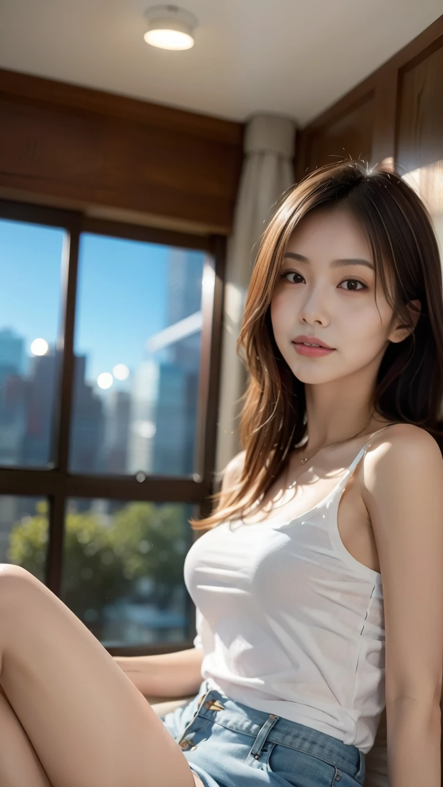 of Misaki,Small breasts,((Best Quality, 8k, masterpiece: 1.3, RAW Photos)), Sharp focus: 1.2, 1. Espagirl, (Realistic, photo-Realistic:1.37), Face Focus, Cute face, Small breasts, Flat Chest, Disheveled short messy hair, Sitting, (White camisole: 1.2), skirt, Hotel, sunlight, Cinematic Lighting, From below