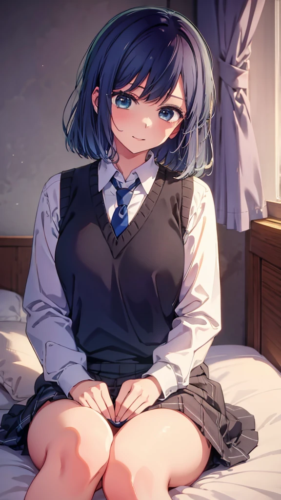 beautiful lighting, 1 girl, alone, Akane, white shirt, sweater vest, black vest, blue tie, ((anime style))、((2D))、laughter、open your mouth、