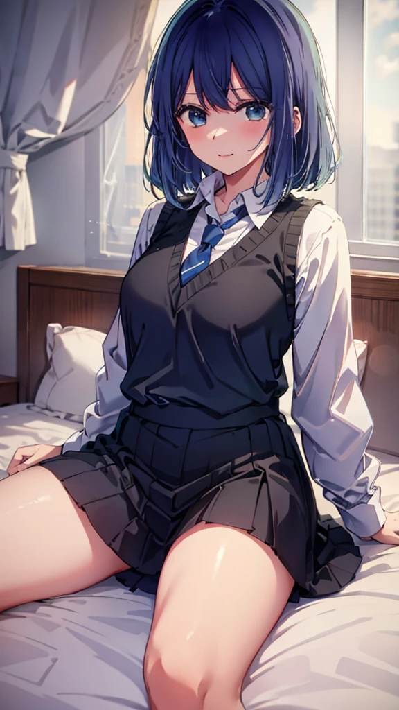 masterpiece, best quality, ultra-high resolution, super detailed, high contrast, depth of fields, blue hair, green eyes, (bob hair:1.5), (blush:1.1), gradient hair, white shirt, sweater vest, (black vest), blue necktie, (nsfw:1.1), (Miniskirts), (pantyshot:1.5), (Skirt lift:1.2), (black panty:1.2), sitting, (m legs:1.2), spread legs, (cameltoe:1.2), In school