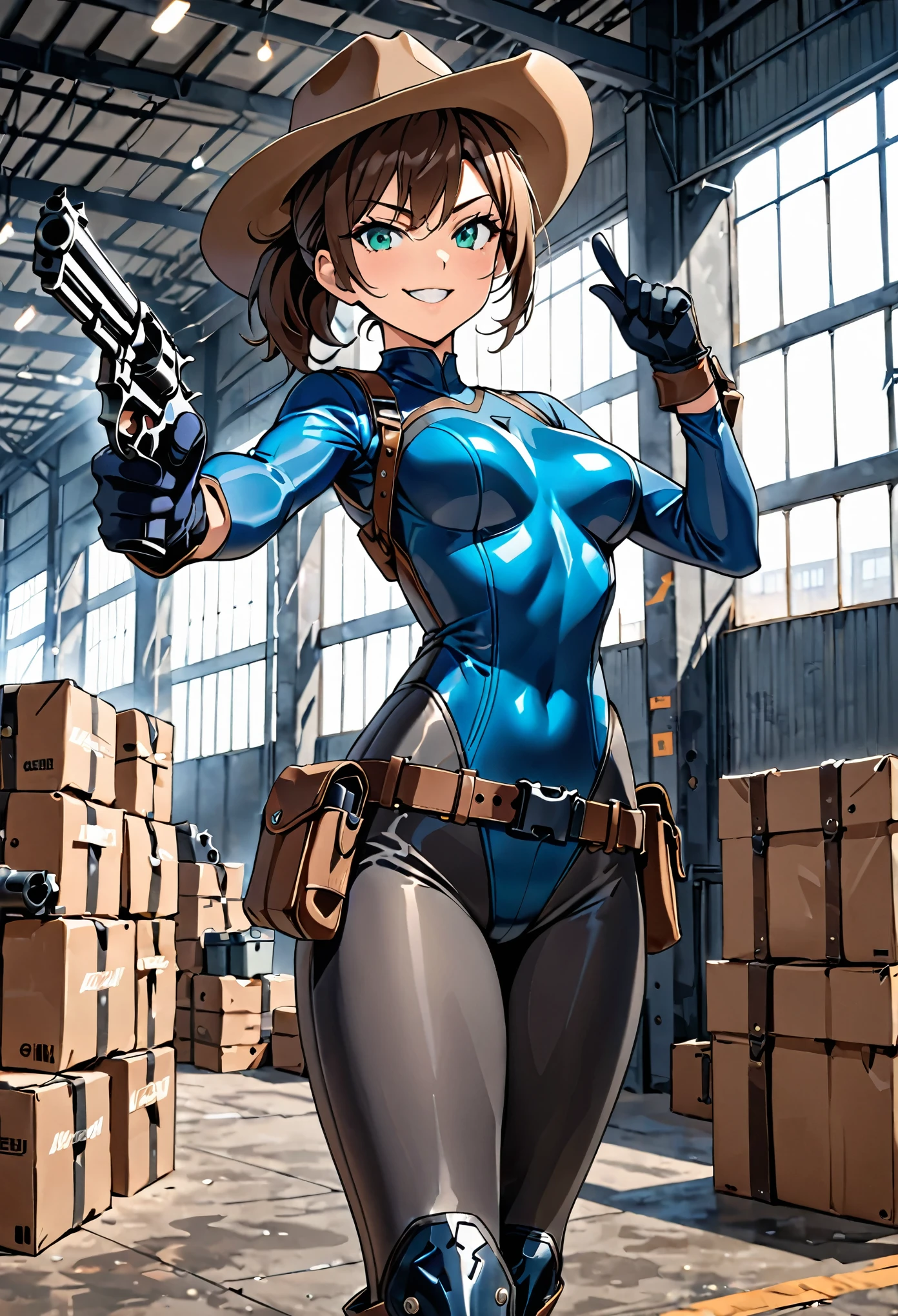 masterpiece, best quality, 8k, 1lady, solo, solo focus, (tall body), hispanic, brown hair, short hair, ponytail, blue-green eyes, medium breasts, beautiful detailed eyes, beautiful detailed face, smirk, ((brown cowboy hat)), (bodysuit, solid blue bodysuit, (leotard, black leotard:1.2, skin-tight dark grey leggings:1.2), perfect fit), long sleeves, (gloves, dark blue gloves, matching gloves, boots, combat boots, dark blue boots, matching boots), (tight belt:1.1, pouches, drop-down pistol holster, knee pads), ((pointing pistol at the viewer, revolver)), full body, cowboy shot, empty warehouse, danger atmosphere.