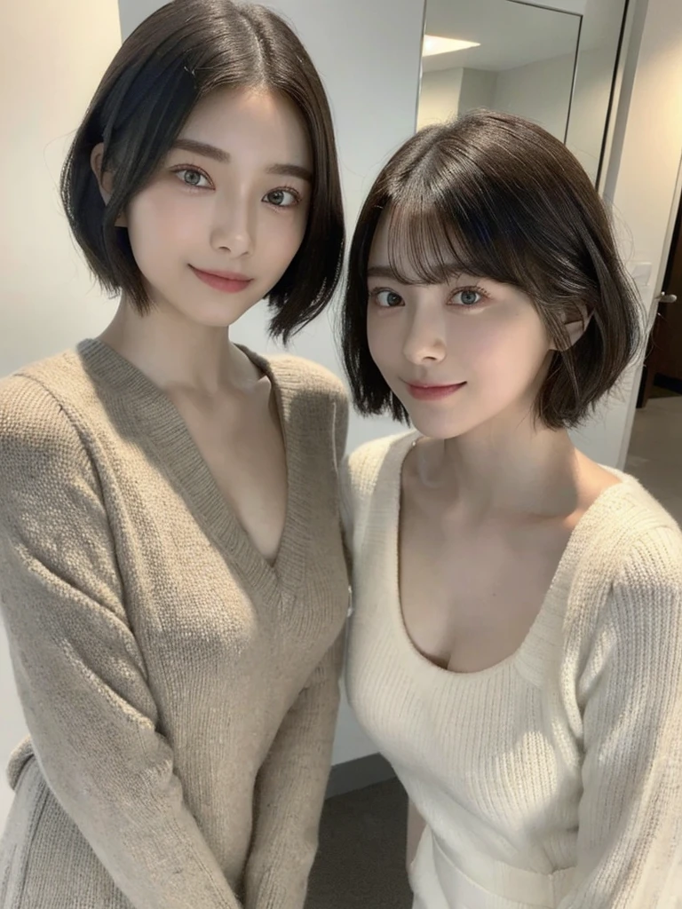 (masterpiece:1.3), (8k, Photoreal, Raw photo, best image quality: 1.4), Japanese high school girl、(random hairstyle:1.2)、cleavage:1.5、super detail face、eye for details、double eyelid、chest to chest、sharp focus:1.2、Beautiful woman:1.4、light brown hair、highest quality、masterpiece、超A high resolution、(Photoreal:1.4)、Highly detailed and professionally lit smiles、loose and light knitwear、shoulder out、thin、serious expression、short haired、deadly position
similar identical twins
All the girls have the exact same face, The two have the same face and figure, as if they were mirror images.