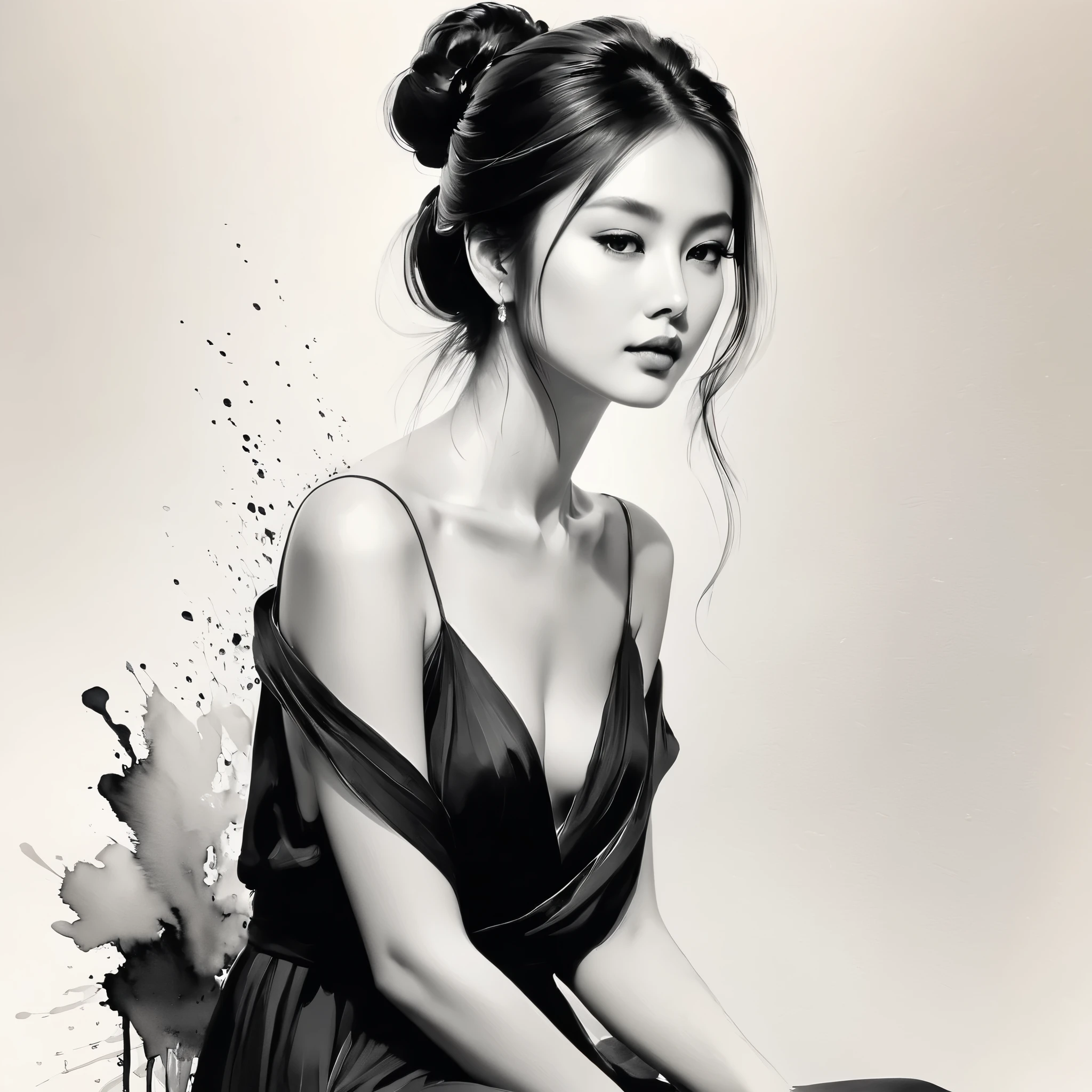 Daughter,ink painting,soft brush strokes,Draw delicate lines with a pen,fluid action,subtle ink tones,elegant posture,calm look,delicate features,Black and white,clean