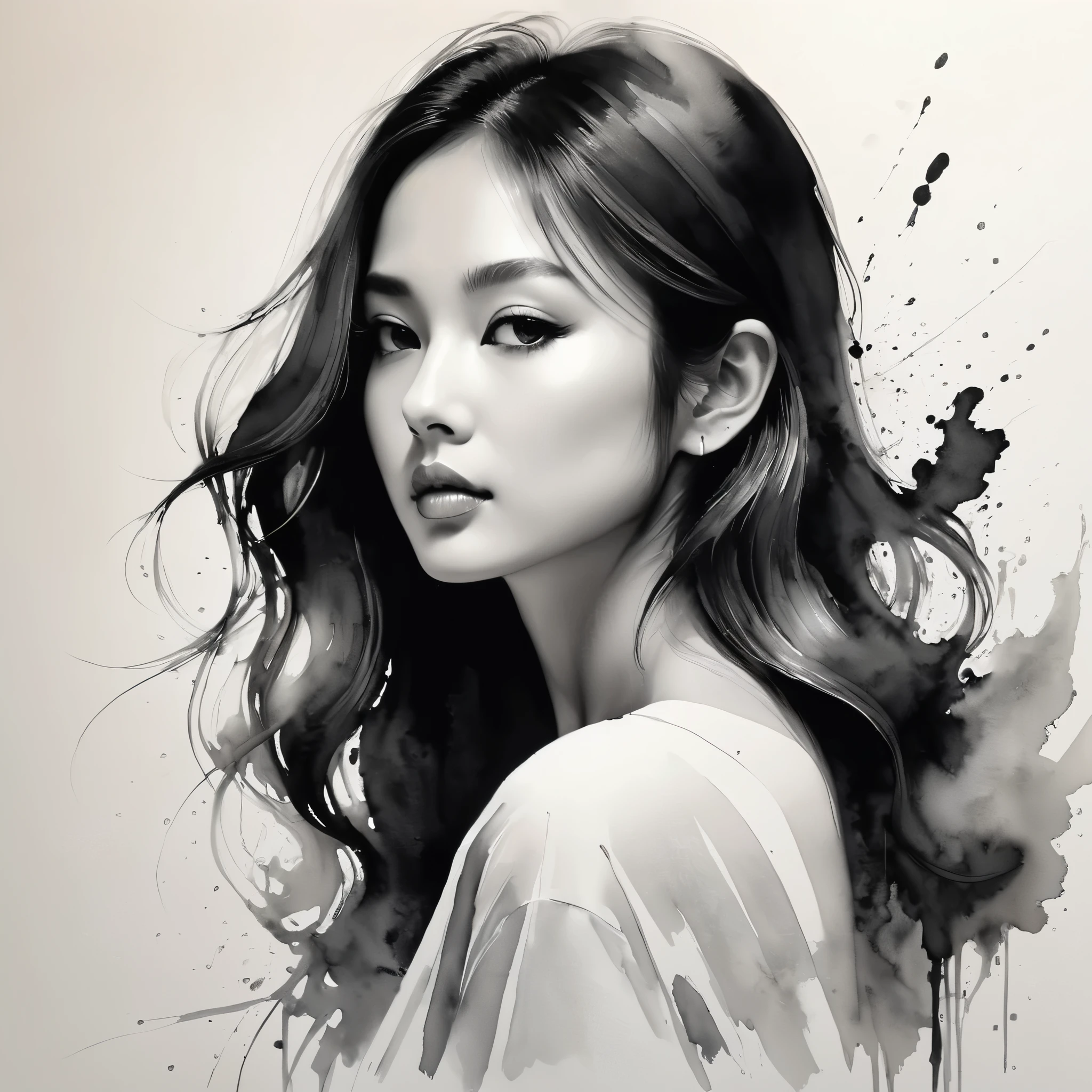 Daughter,ink painting,soft brush strokes,Draw delicate lines with a pen,fluid action,subtle ink tones,elegant posture,calm look,delicate features,Black and white,clean
