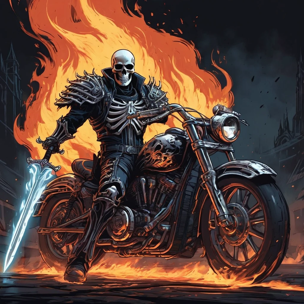 1985 action movie style, and a skeleton with a sword in his hand and flames coming out of him, concept art inspired by Dan Mumford, trends on ArtStation, , Ghost Rider, darksiders art style, godmachine, estilo Darksiders, in the style of dan mumford&#39;s art, heavy metal art style, In the art style of Dan Mumford, badass anime 8 k, Berserk art style 