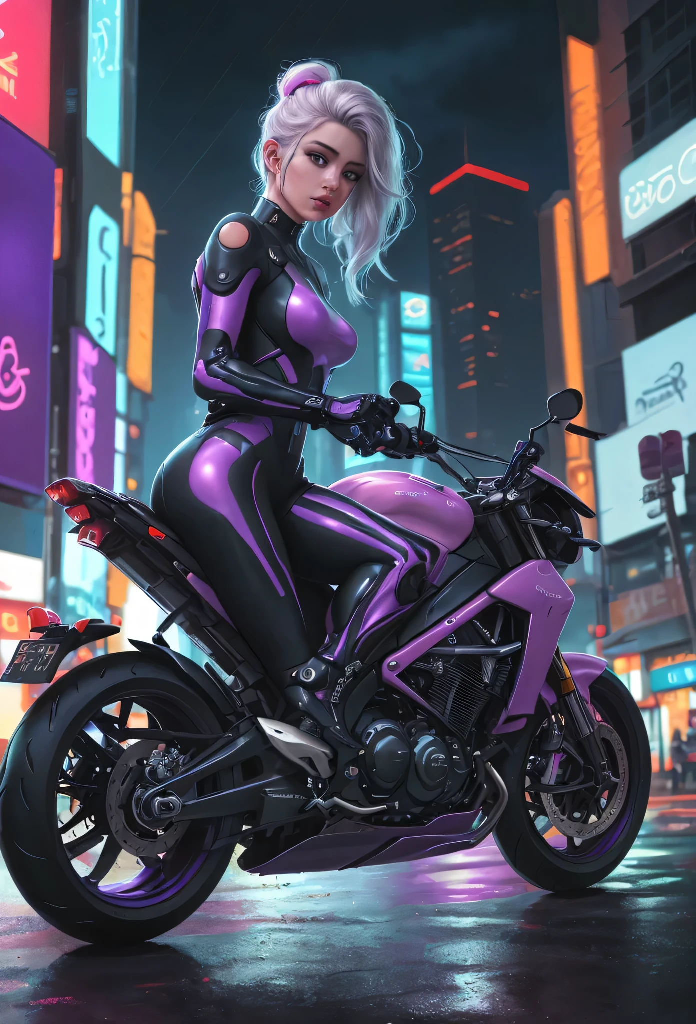 tres belle femme style ( cyberpunk ) gros seins, tenue cyber, assise sur une moto dans la ville de nightcity