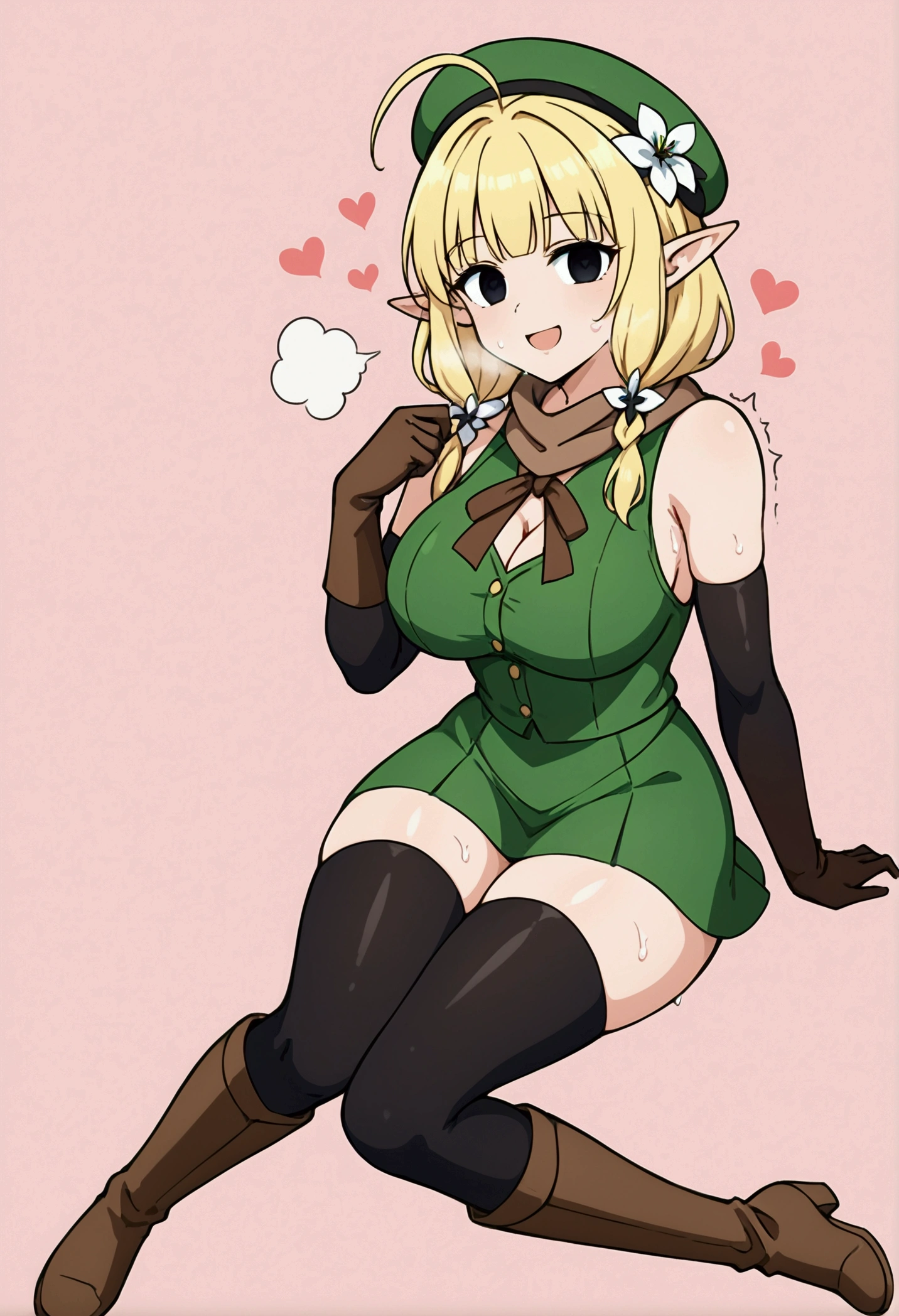 Parisian,1woman,elf,short hair,twin braids,Blonde,(slender),ahoge,empty eyes,black eyes、big breasts,tall,brown gloves,Black elbow gloves,(black thigh highs)、(small black beret)、Brown scarf、green crop top,sleeveless,green mini skirt,(brown knee boots),Thin thighs,NSFW,trembling,shaking, Heart Eyes,love,happy,steam,heavy breathing,sweaty body,netorare,looking at viewer,aroused、full body,holding pantie