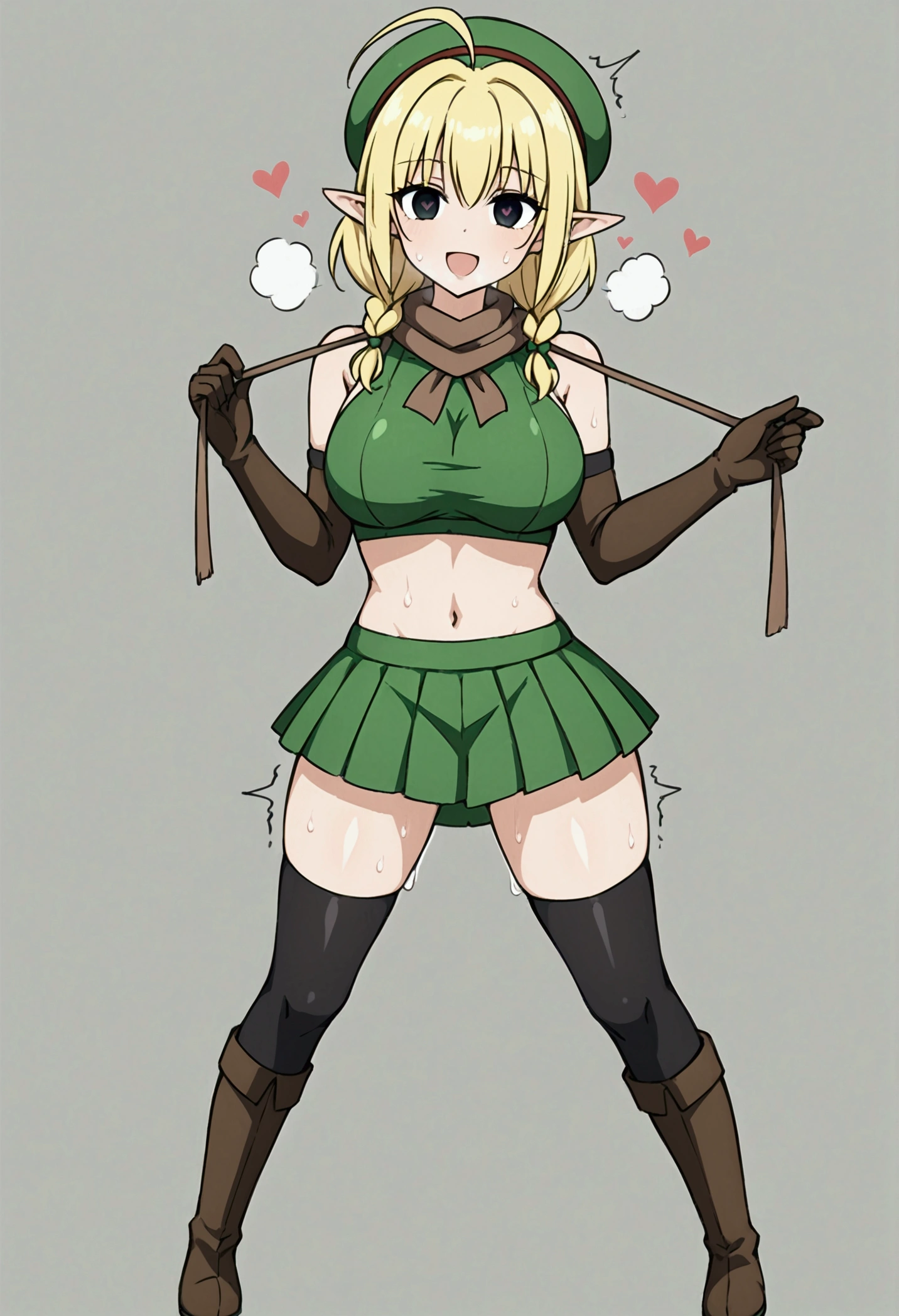 Parisian,1woman,elf,short hair,twin braids,Blonde,(slender),ahoge,empty eyes,black eyes、big breasts,tall,brown gloves,Black elbow gloves,(black thigh highs)、(small black beret)、Brown scarf、green crop top,sleeveless,green mini skirt,(brown knee boots),Thin thighs,NSFW,trembling,shaking, Heart Eyes,love,happy,steam,heavy breathing,sweaty body,netorare,looking at viewer,aroused、full body,holding pantie