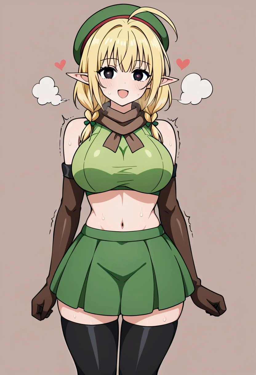 Parisian,1woman,elf,short hair,twin braids,Blonde,(slender),ahoge,empty eyes,black eyes、big breasts,tall,brown gloves,Black elbow gloves,(black thigh highs)、(small black beret)、Brown scarf、green crop top,sleeveless,green mini skirt,(brown knee boots),Thin thighs,NSFW,trembling,shaking, Heart Eyes,love,happy,steam,heavy breathing,sweaty body,netorare,looking at viewer,aroused、full body,holding pantie