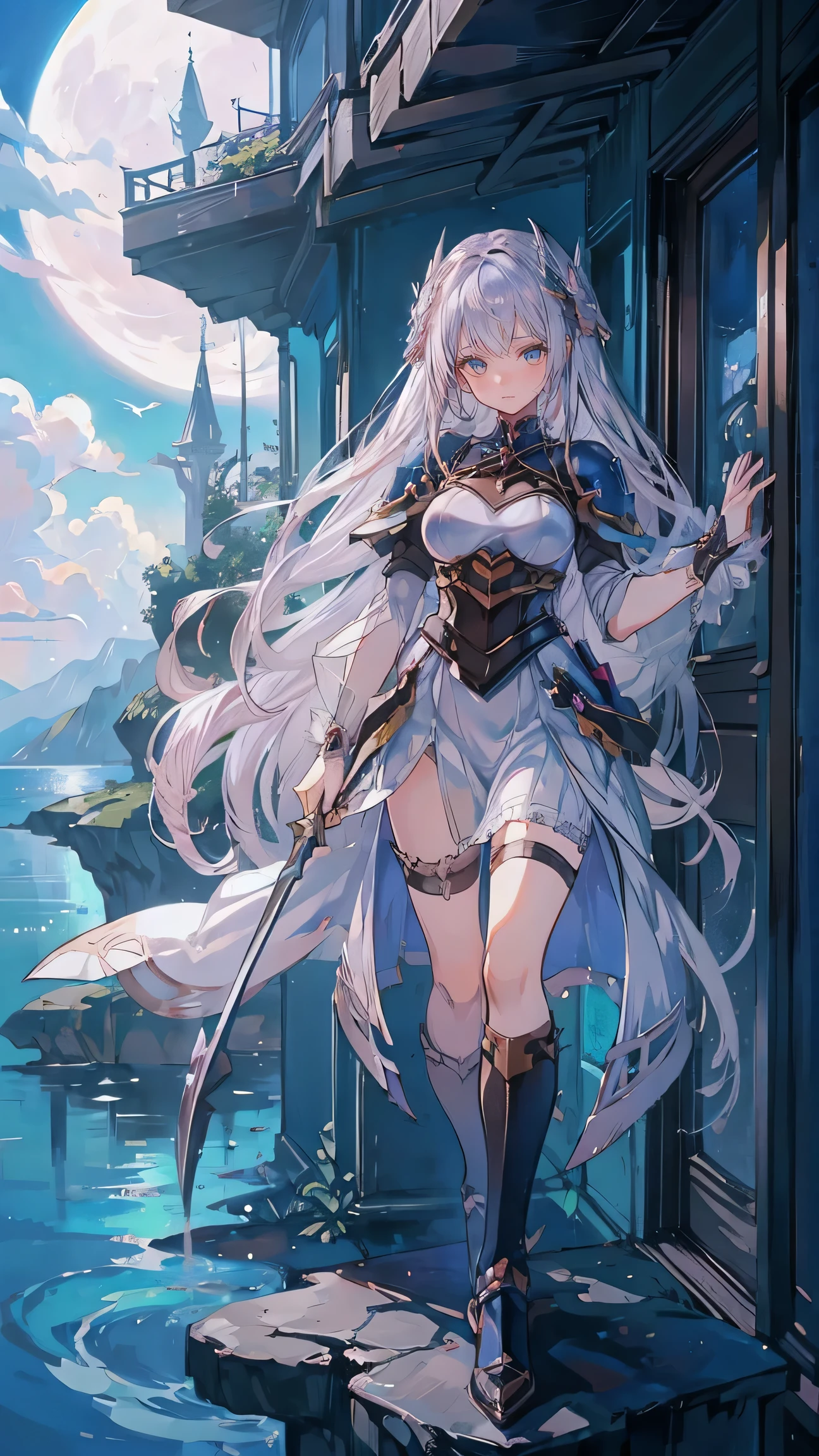 Anime girl walking near a cliff, Beautiful fantasy anime, high detailed official art, Silver-haired God, Shadowverse Style, Anime Goddess, Nightcore, Detailed Key Anime Art, official art, Masterpiece Goddess of Beauty, Anime fantasy illustration, Detailed digital anime art, Epic light novel art cover, From the Arknights video game, Anime fantasy art, Calm background, Bright white moon, white beach dress, Sea view