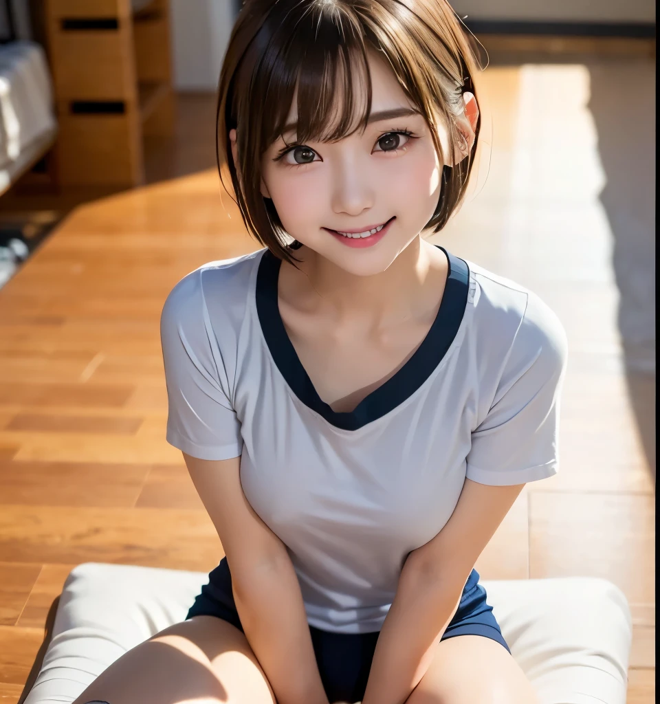 Best Quality、8k、masterpiece、Ultra-high resolution、Clear Photo、RAW Photos、detailed、(Very cute 、beautiful girl、Cute Yoda Yuki、The cutest in the world)、Adorable idol、baby face、Small Face、No makeup、Thin eyebrows、Smiling with teeth showing、(Very short hair:1.6)、Brown Hair、 Ultra slim、Large Breasts、Large erect nipples、smile、(Gym、Gym倉庫、dim、Vault)、(High school girl、Wearing white Gym clothes:1.2、正しいHigh school girlの体操服、Tight Gym clothes:1.2)、(Sit in front of the camera、Legs wide open:1.4)、(Full body photo)