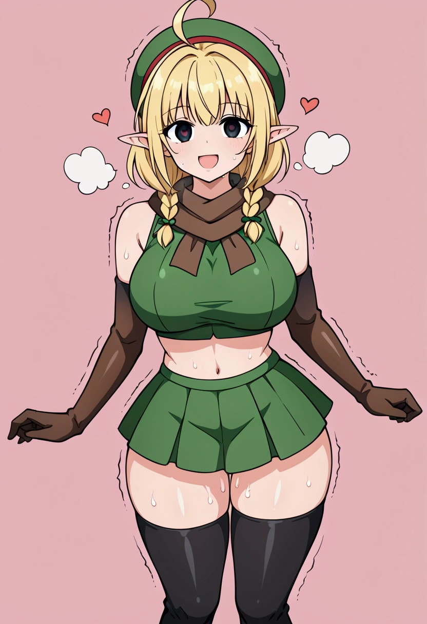 Parisian,1woman,elf,short hair,twin braids,Blonde,(slender),ahoge,empty eyes,black eyes、big breasts,tall,brown gloves,Black elbow gloves,(black thigh highs)、(small black beret)、Brown scarf、green crop top,sleeveless,green mini skirt,(brown knee boots),Thin thighs,NSFW,trembling,shaking, Heart Eyes,love,happy,steam,heavy breathing,sweaty body,netorare,looking at viewer,aroused、full body,holding pantie,up skirt