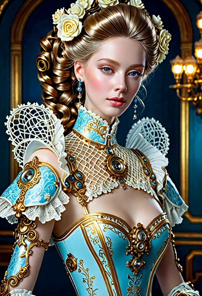 a beautiful female android in rococo style, high quality, intricate details, lifelike, realistic, photorealistic, highly detailed face, elegant hairstyle, delicate features, porcelain skin, ornate rococo dress, complex mechanical details, advanced cybernetic body, gleaming metal parts, glowing lights, dramatic lighting, rich colors, fine art portrait