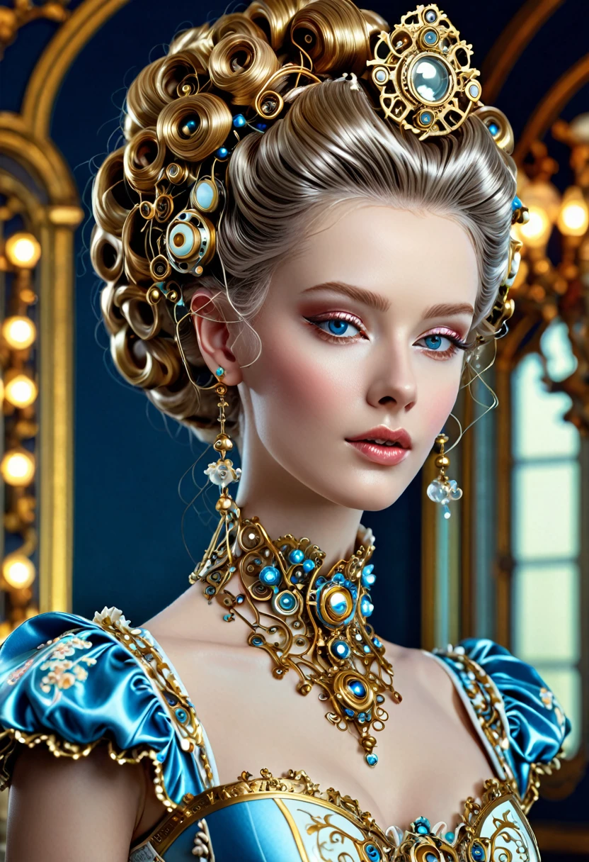 a beautiful female android in rococo style, high quality, intricate details, lifelike, realistic, photorealistic, highly detailed face, elegant hairstyle, delicate features, porcelain skin, ornate rococo dress, complex mechanical details, advanced cybernetic body, gleaming metal parts, glowing lights, dramatic lighting, rich colors, fine art portrait