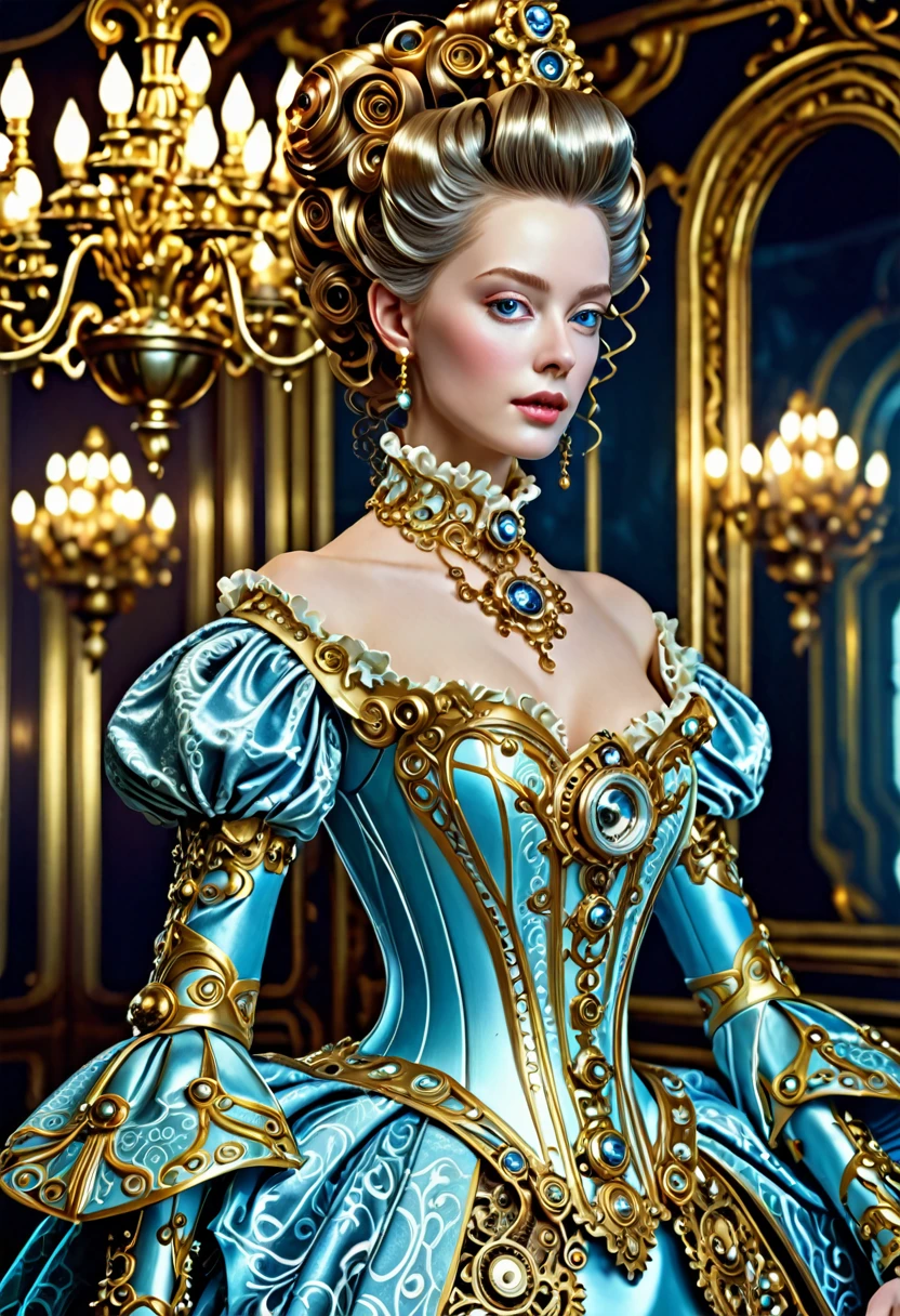 a beautiful female android in rococo style, high quality, intricate details, lifelike, realistic, photorealistic, highly detailed face, elegant hairstyle, delicate features, porcelain skin, ornate rococo dress, complex mechanical details, advanced cybernetic body, gleaming metal parts, glowing lights, dramatic lighting, rich colors, fine art portrait