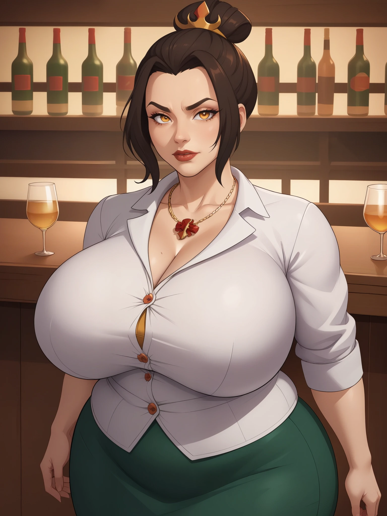 Azula, amber eyes. wavy dark brown hair strands above her shoulders. huge saggy breasts. huge hips. bbw. necklace. bow. skirt. shirt. bar
