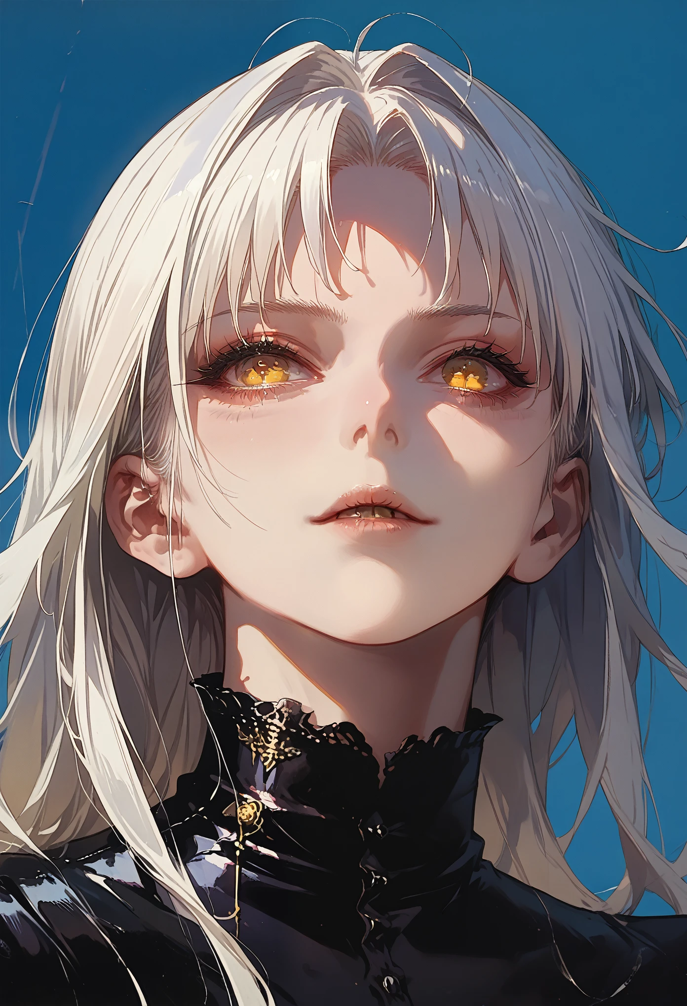 anime White Haired Girl and yellow eyes looking at something, Detailed portrait of an anime girl,See the whole face , See the whole head, full head,Colorful cartoon art images, Clean Anime Image Details, Color Manga Panel, Anime girl images, Blue background, hair details, White Haired Girl, perfect white haired girl, Full color manga style, Anime digital art details, Detailed overview of major anime art, Full color illustration