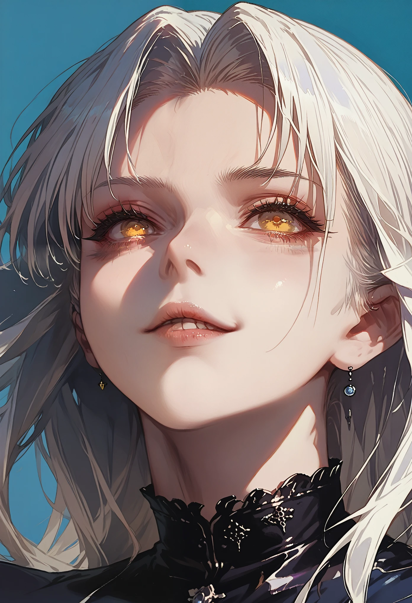 anime White Haired Girl and yellow eyes looking at something, Detailed portrait of an anime girl,See the whole face , See the whole head, full head,Colorful cartoon art images, Clean Anime Image Details, Color Manga Panel, Anime girl images, Blue background, hair details, White Haired Girl, perfect white haired girl, Full color manga style, Anime digital art details, Detailed overview of major anime art, Full color illustration