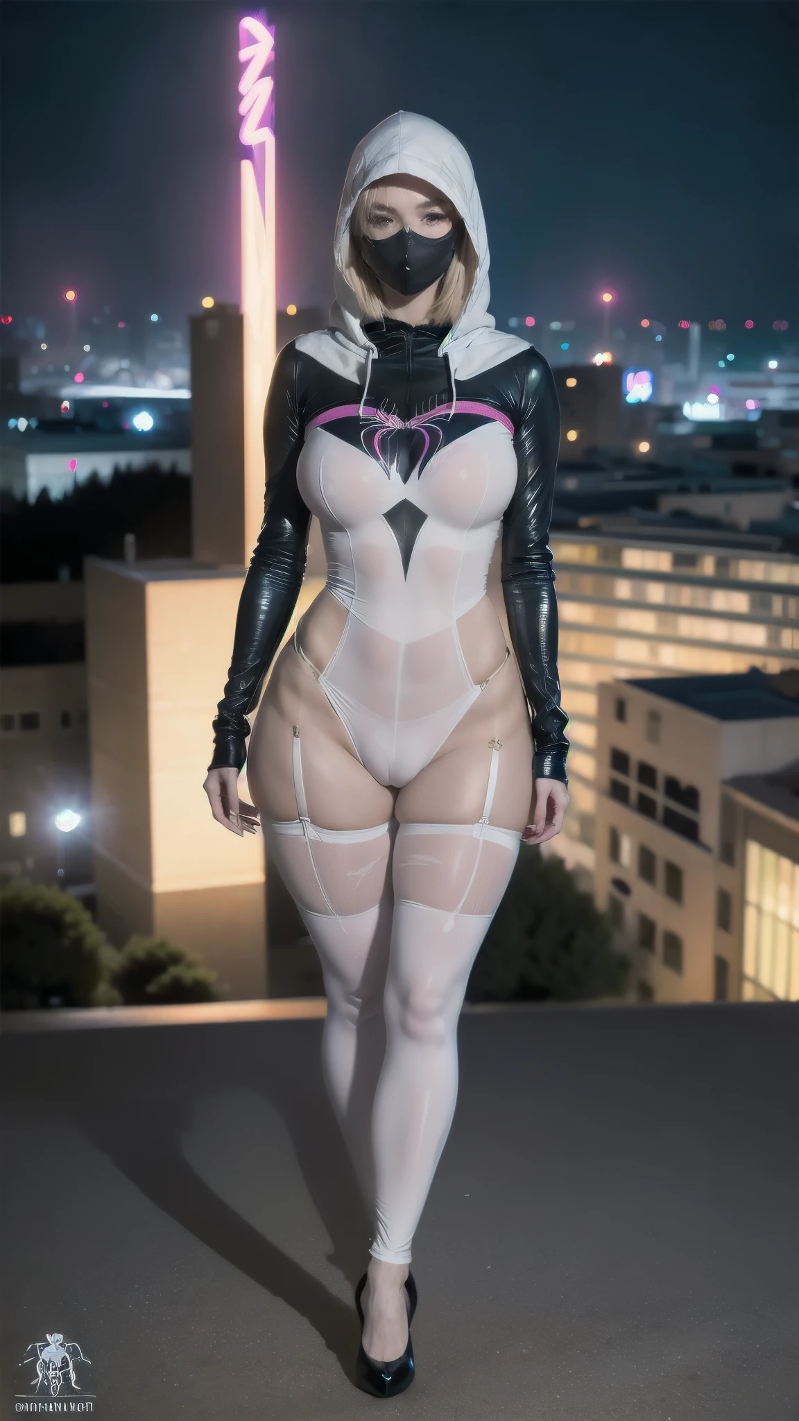 solo, (candid), 19 year old spider-gwen ((face hidden by spider gwen mask and hood)) wearing spider gwen costume, (bald), latex , latex gloves, (), accentuate round , (detailed hands), wide , ((curvy)), (skinny:1.5), outdoors, (stood on a rooftop), city scape, night time, ((bright neon lighting)), shiny skin, voluptuous, luxurious, bimbo, slutty, whore, jewellery, pale skin,huge , curvy, PERSEPHONE, PERSÉFONE, Perséfone, (SFW:1.5),  (full body:1.8), (upper body up:0.3), (hyper realistic:1.4), (realistic:1.3)