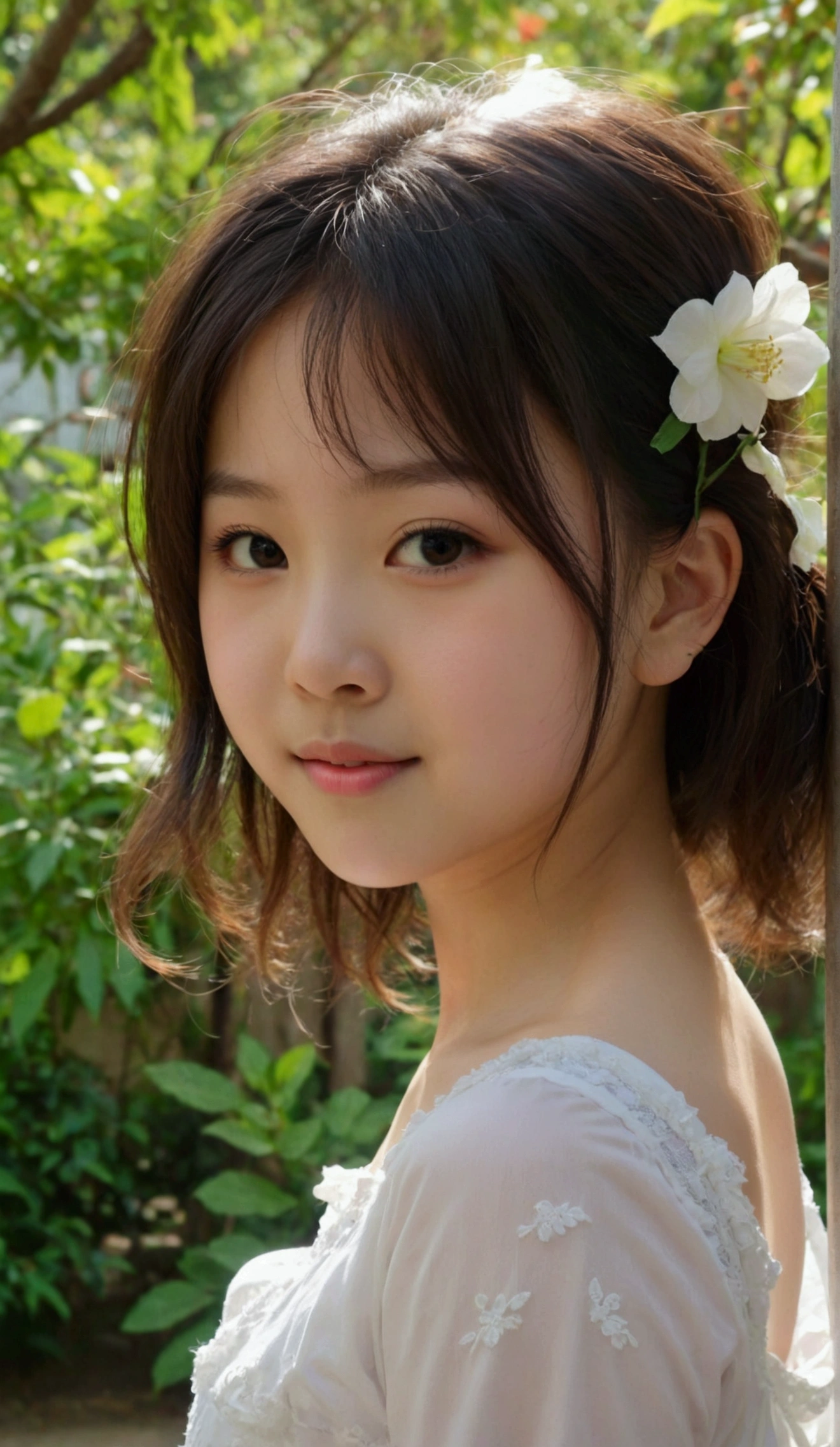 Prettiest asian girl, the cutest asian girl, sweet asian girl on the schoolyard, relaxing, age 9 with, pale skin, juveniles physique, charming adolescents girl, wear white camisole dress that show off her unique cuteness, full-body shot