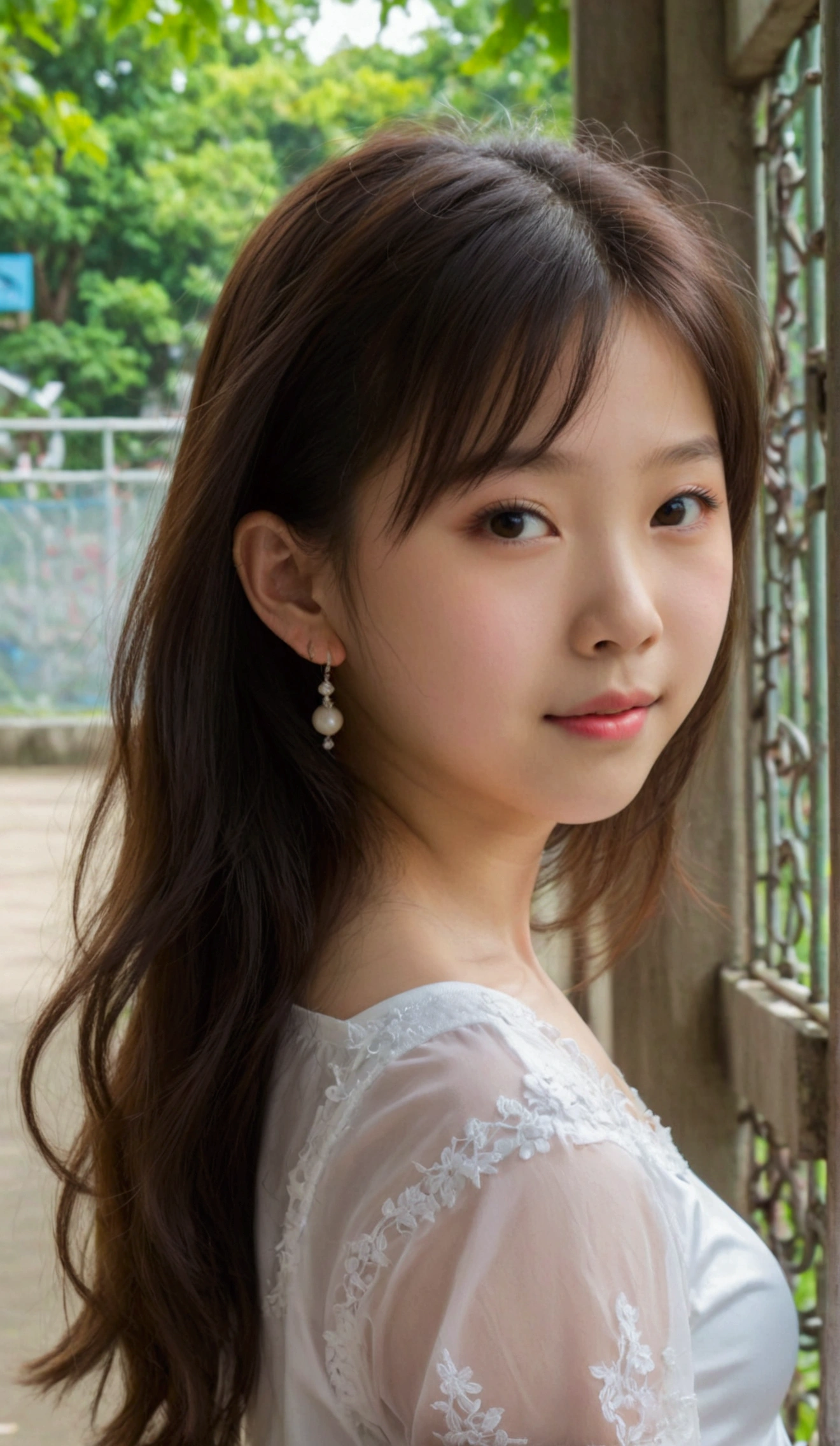 Prettiest asian girl, the cutest asian girl, sweet asian girl on the schoolyard, relaxing, age 9 with, pale skin, juveniles physique, charming adolescents girl, wear white camisole dress that show off her unique cuteness, full-body shot