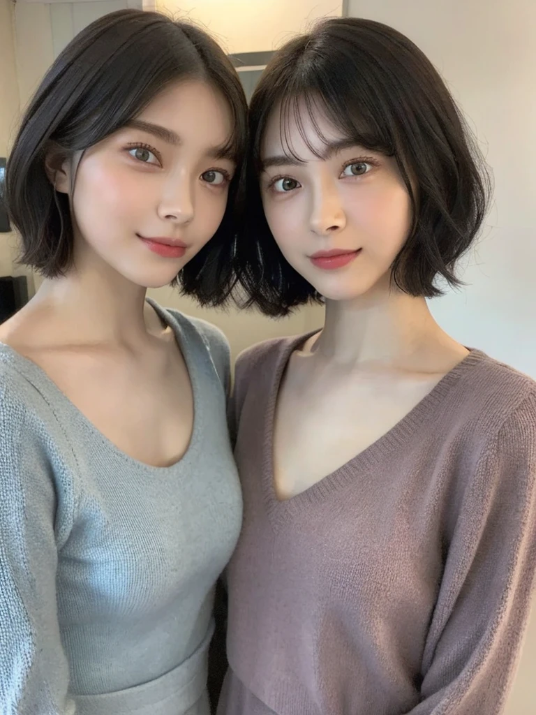 (masterpiece:1.3), (8k, Photoreal, Raw photo, best image quality: 1.4), Japanese high school girl、(random hairstyle:1.2)、cleavage:1.5、super detail face、eye for details、double eyelid、chest to chest、sharp focus:1.2、Beautiful woman:1.4、light brown hair、highest quality、masterpiece、超A high resolution、(Photoreal:1.4)、Highly detailed and professionally lit smiles、loose and light knitwear、shoulder out、thin、serious expression、short haired、deadly position
similar identical twins
All the girls have the exact same face, The two have the same face and figure, as if they were mirror images.