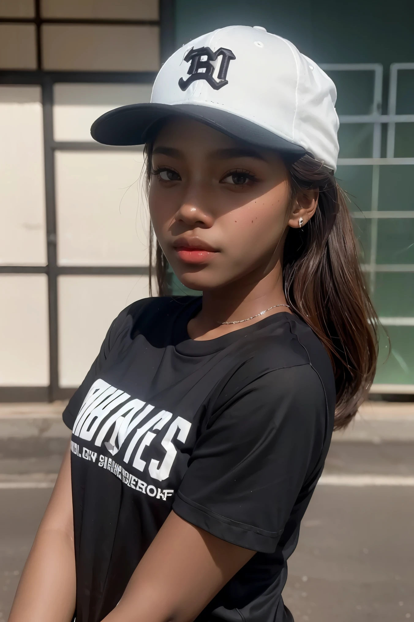 1girl, solo, dark skin, dark-skinned female, upper body, baseball cap, t-shirt, tomboy