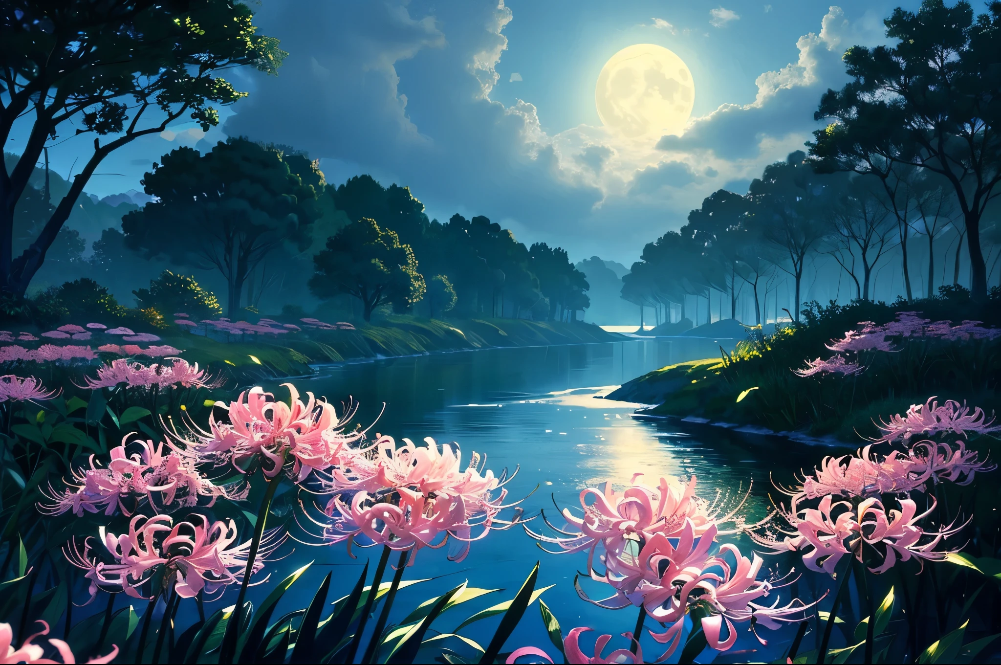 (masterpiece, Best Quality, Super detailed,),Create an artwork featuring a serene night scene with a full moon illuminating the sky and reflecting on a calm river.red spider lilies,,spiderlilies,red spider lilies, Include vibrant pink flowers in the foreground, a butterfly with intricate wing patterns flying nearby, and dense forests lining the riverbanks. Capture the tranquil atmosphere of nature at night with subtle lighting and rich colors.