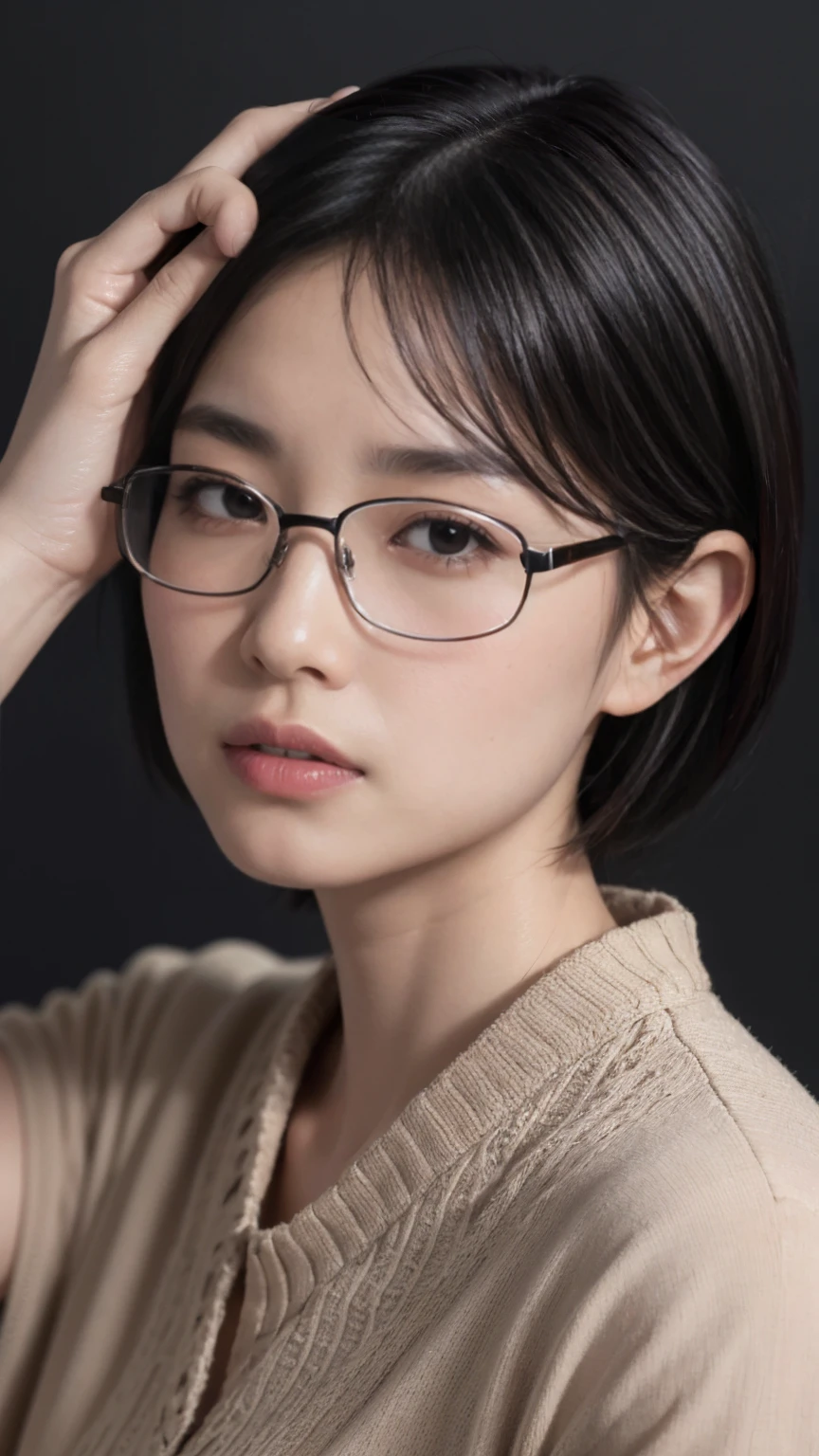 High resolution、masterpiece、Textured Skin、High image quality、超High resolution、Very detailed、woman、Look at,Plain short black hair、Age 35、Tired look、Rimless Glasses、solo、Plain clothing、Dark atmosphere