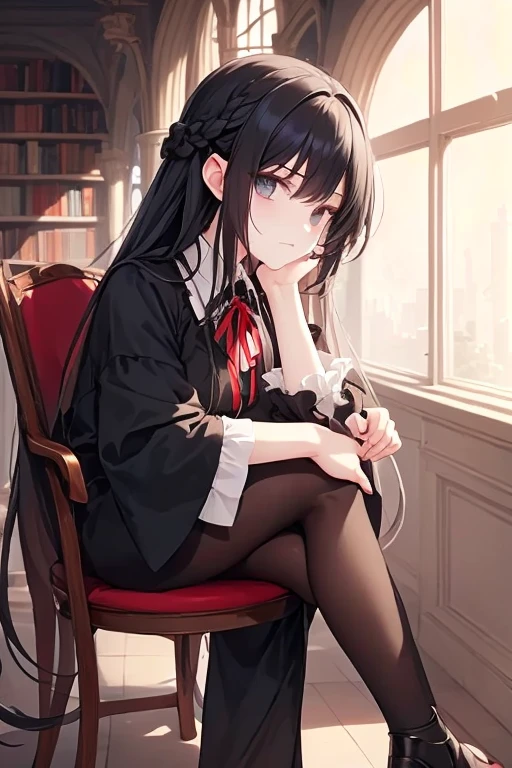 Masterpiece Top Quality High Resolution、Long hair, Sit with your knees bent、Eight-headed body、beauty legs 、in a school、As if looking up from below、Ashamed
