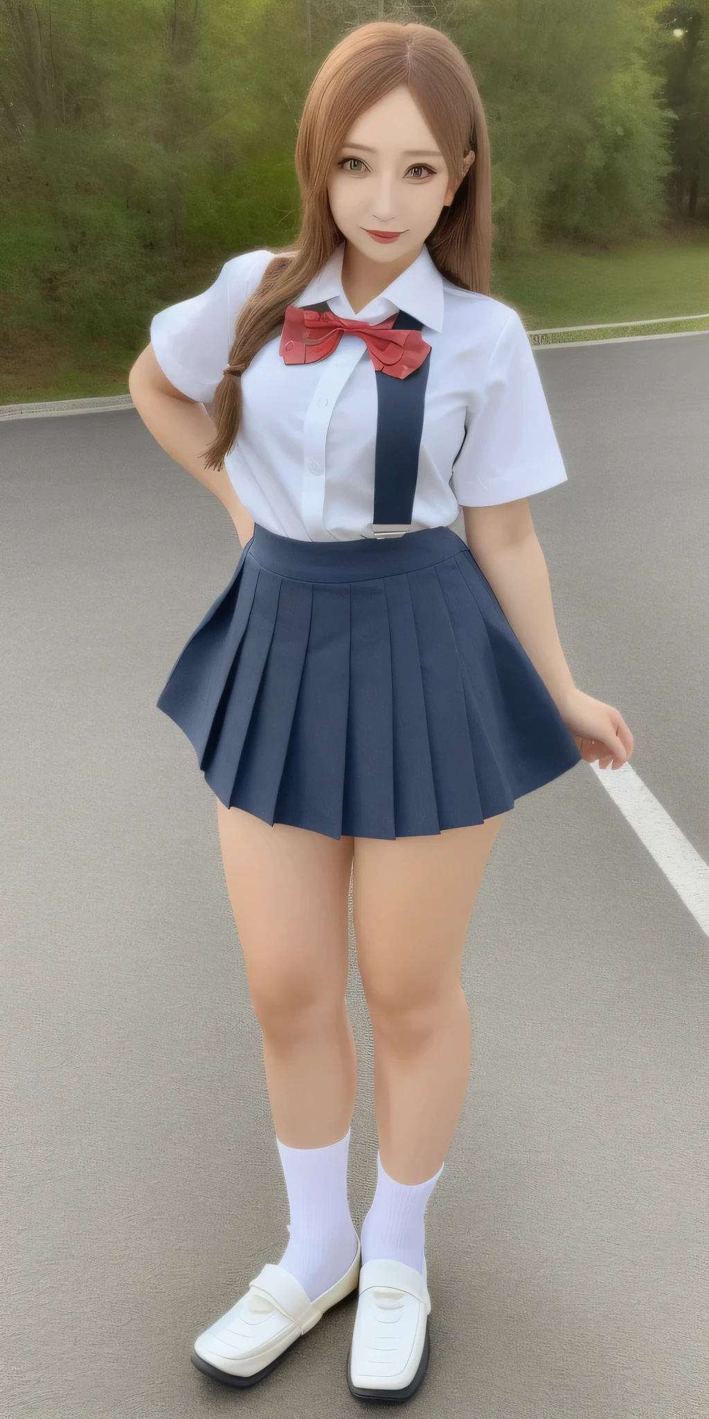 top-quality,ultra-detailliert,masterpiece,realisitic,Photo Real,Bright lighting,1 clove of garlic:1.2), Body full、The upper uniform is torn and the bra is visible.、A sexy、Skirt flutters、Cute underwear、Uniform torn、kawaii、Angle from below、skinny、small tits、an extremely beautiful 17-year-old girl, (kawaii:1.2),Bursting smile, Black eye,A dark-haired,bobhair、,(bangss),perfect glossy skin,flawless skin,((erotick,sexy for)), large full breasts,big breasts thin waist, Look at viewers,a sailor suit,high-school uniform:1.2、shortsleeves,neck tie,Raise,sockes、Futomo、(Loafer shoes), during daytime,Raise